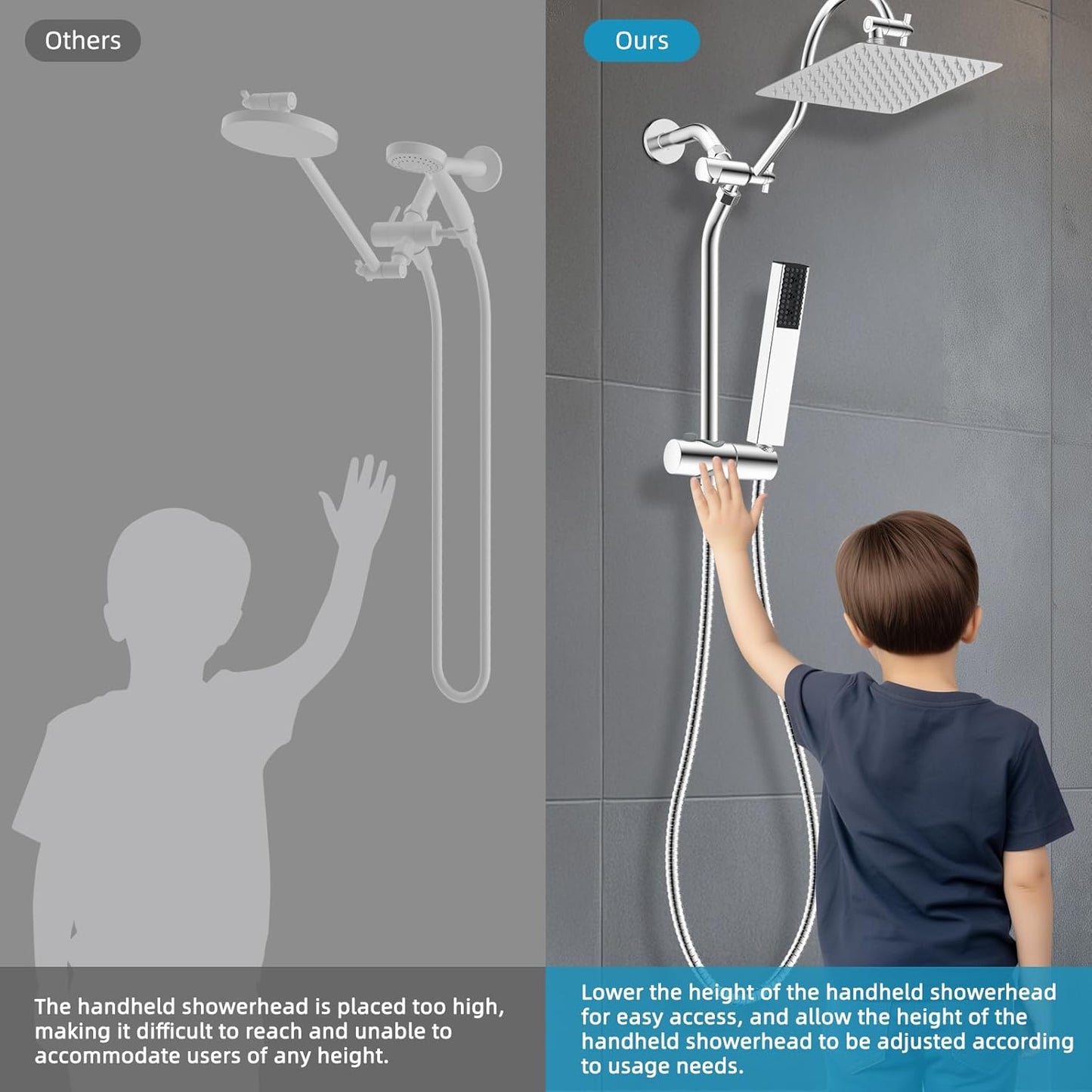 Shower Slide Bar with Handheld Shower Head Holder, Stainless Steel Shower Arm Extension Sliding Bar, Height & Angle Adjustment Showerhead Holder, Chrome