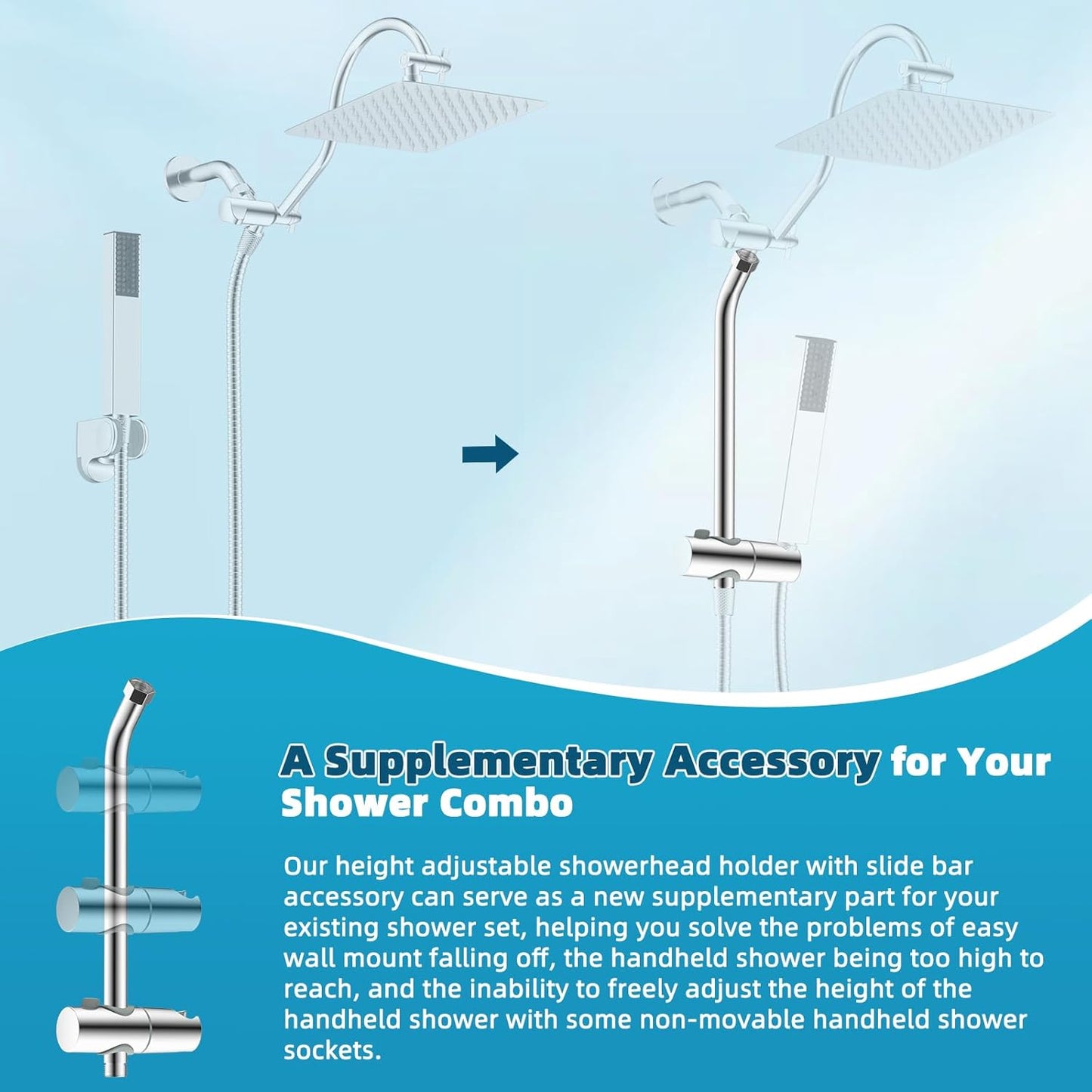 Shower Slide Bar with Handheld Shower Head Holder, Stainless Steel Shower Arm Extension Sliding Bar, Height & Angle Adjustment Showerhead Holder, Chrome