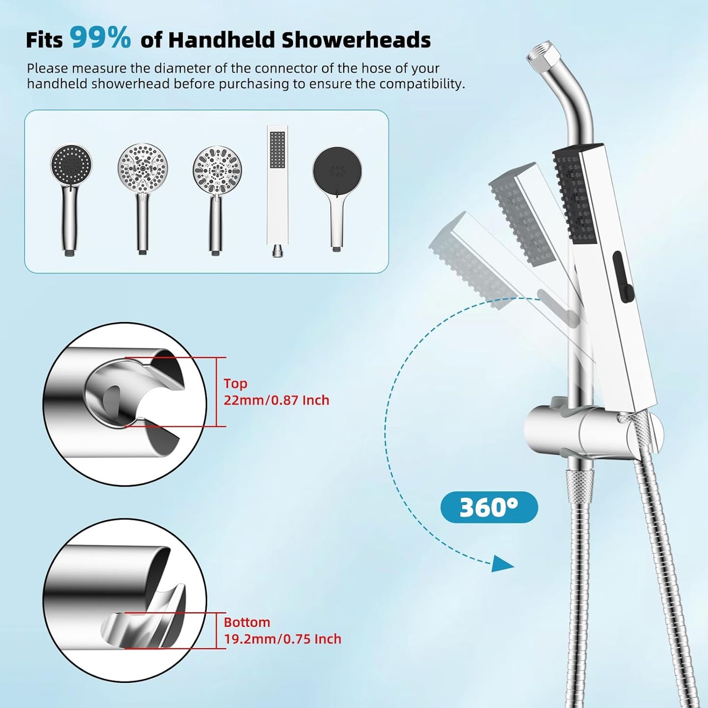 Shower Slide Bar with Handheld Shower Head Holder, Stainless Steel Shower Arm Extension Sliding Bar, Height & Angle Adjustment Showerhead Holder, Chrome