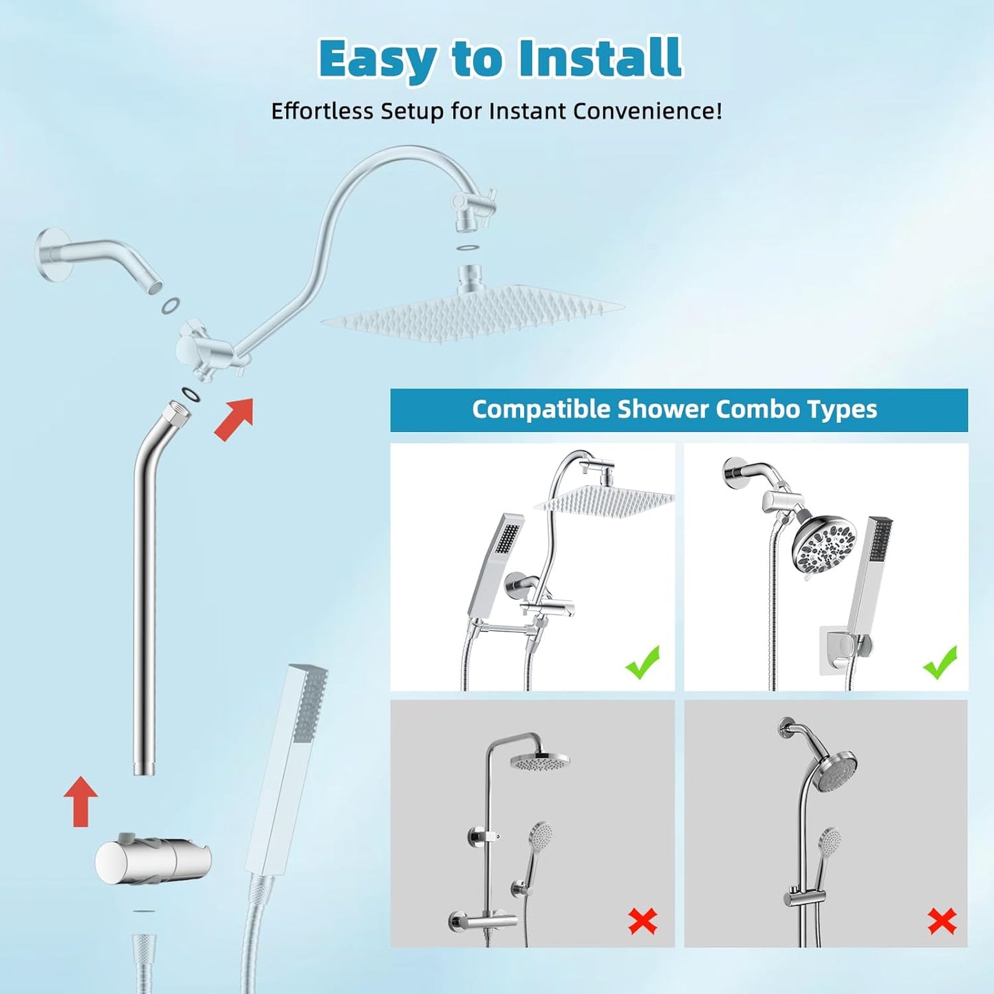 Shower Slide Bar with Handheld Shower Head Holder, Stainless Steel Shower Arm Extension Sliding Bar, Height & Angle Adjustment Showerhead Holder, Chrome