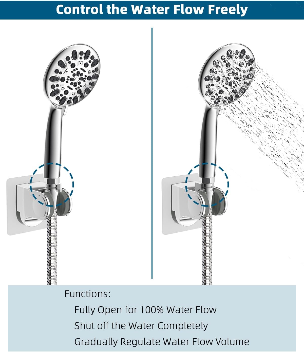 All Metal Shower Head Flow Control Valve with Showerhead Holder, G1/2 Brass Shut-off Valve with Metal Handle Lever, Strong Adhesive and Waterproof Handheld Holder and Bracket, Chrome