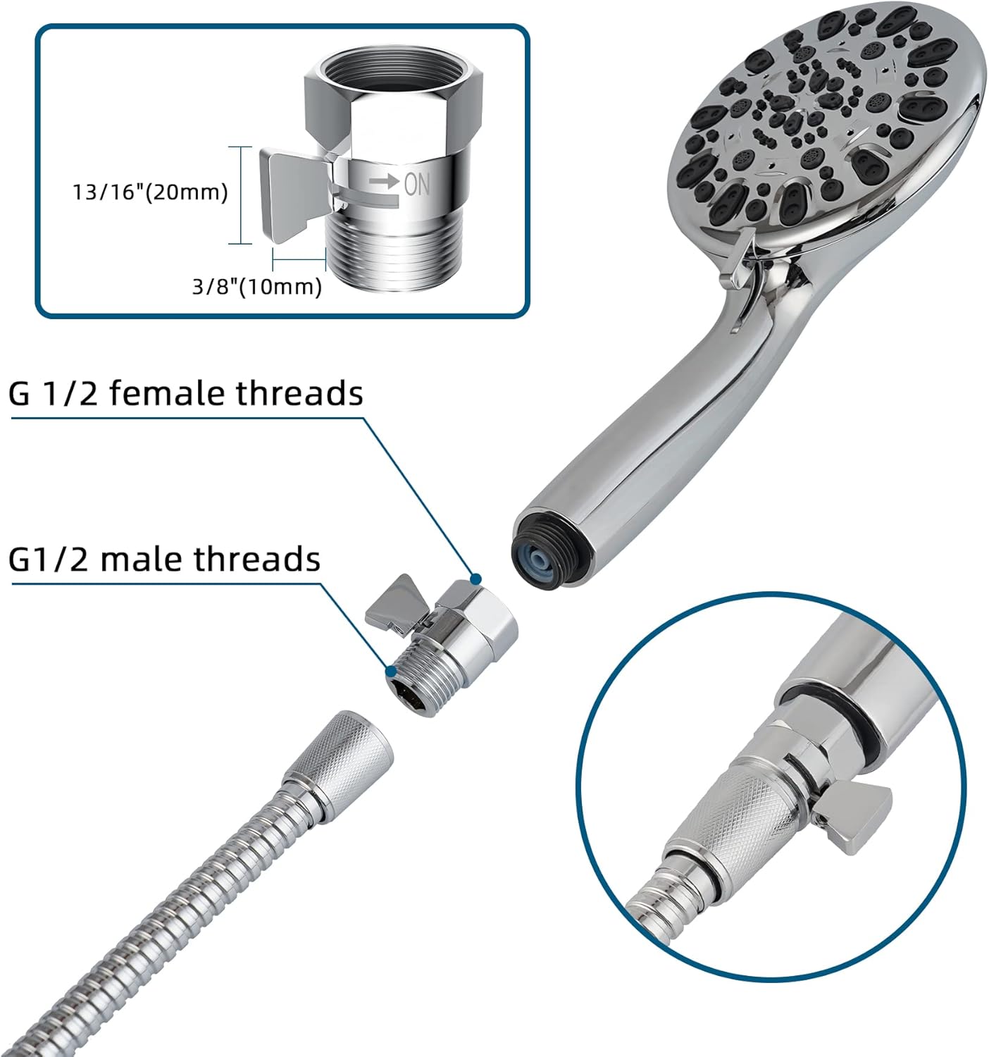 All Metal Shower Head Flow Control Valve with Showerhead Holder, G1/2 Brass Shut-off Valve with Metal Handle Lever, Strong Adhesive and Waterproof Handheld Holder and Bracket, Chrome