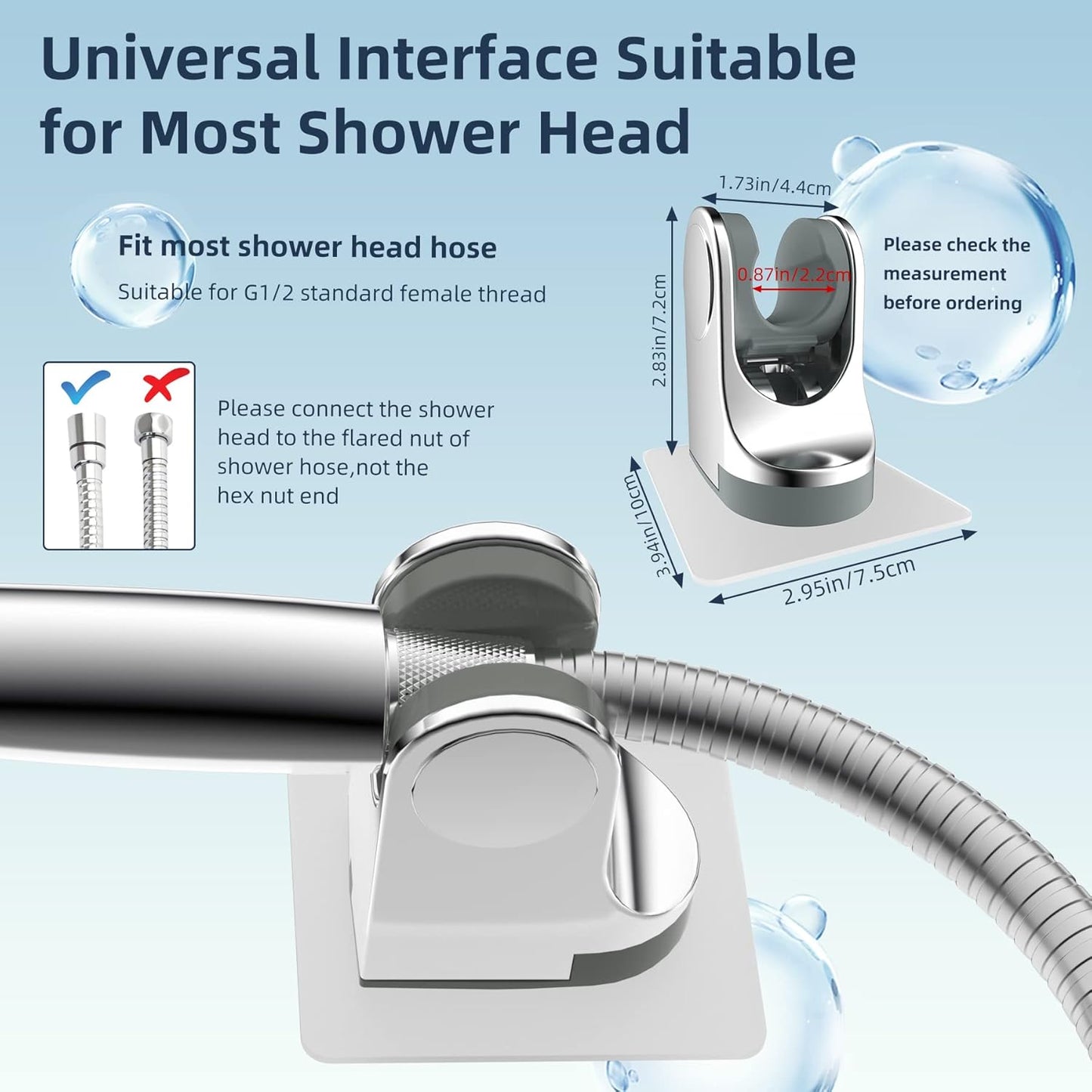 All Metal Shower Head Flow Control Valve with Showerhead Holder, G1/2 Brass Shut-off Valve with Metal Handle Lever, Strong Adhesive and Waterproof Handheld Holder and Bracket, Chrome
