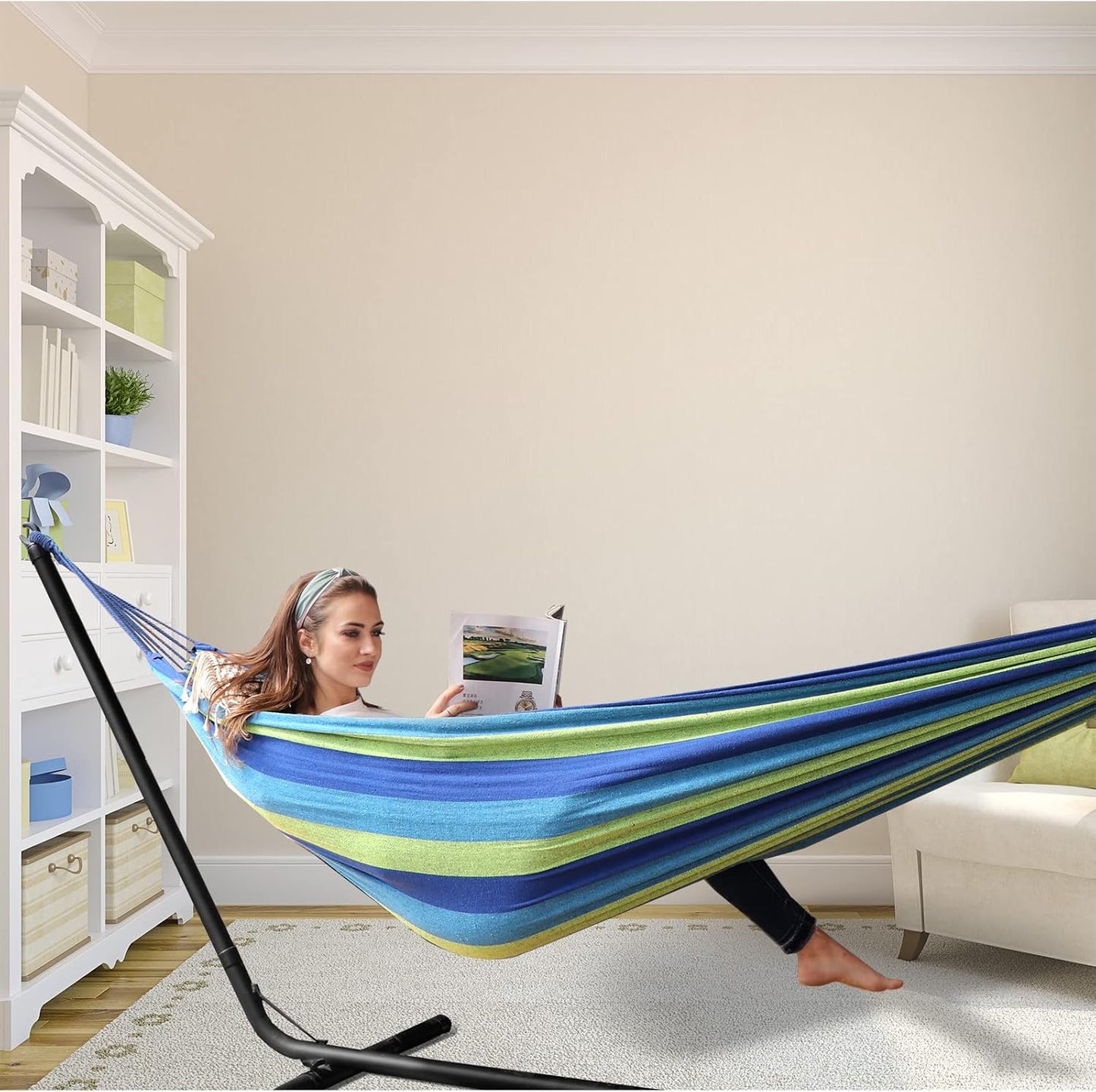 Cotton Hammock Portable Camping Hammocks for Hanging Sturdy Garden Comfortable Fabric Hammock with Tree Straps Up to 660lbs with Travel Bag for Camping Outdoor/Indoor Patio Backyard