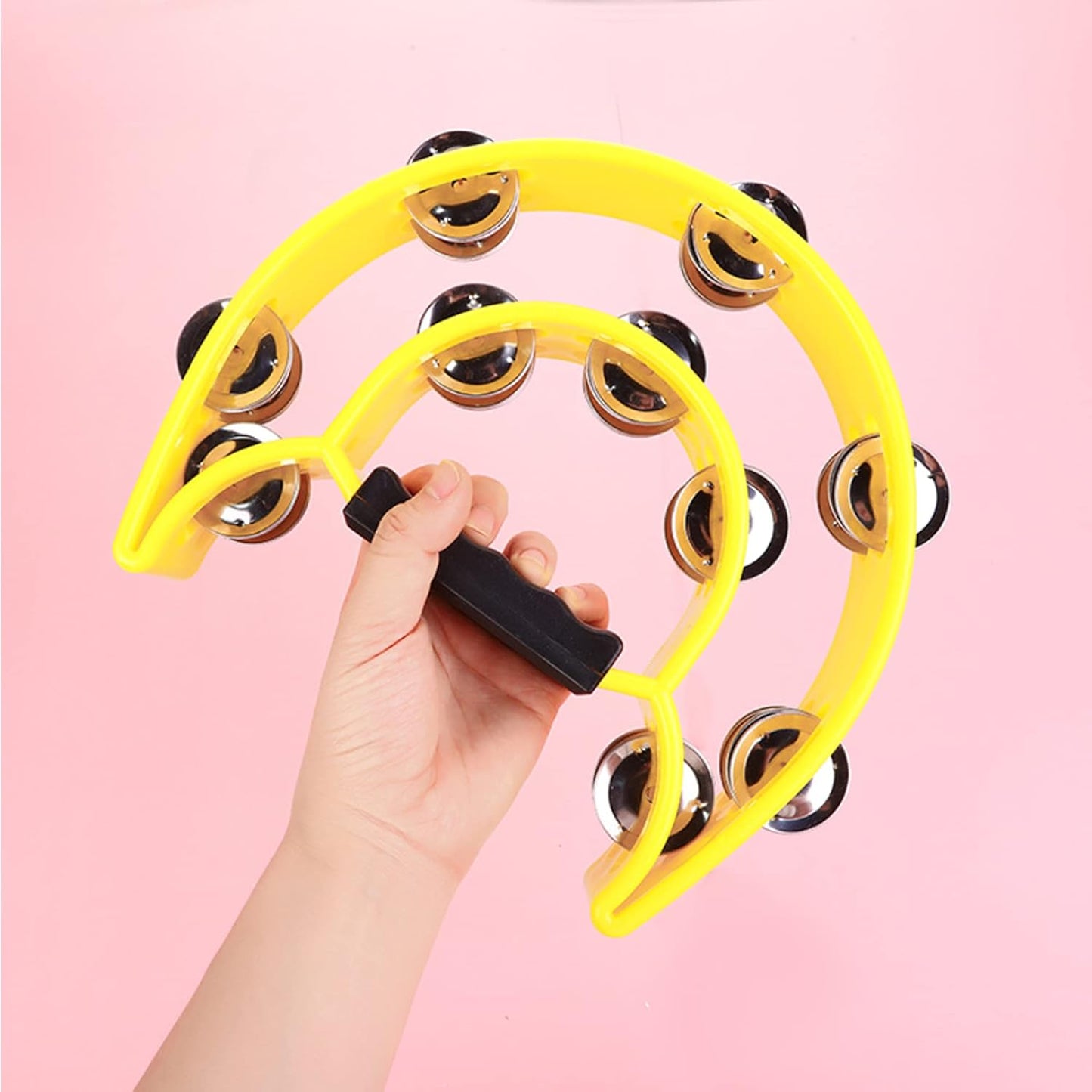 Double Row Tambourine, Half-Moon Musical Tambourine Hand Held for Kids, Adults, Party, KTV 4 colors (9 inch, Pack of 4)