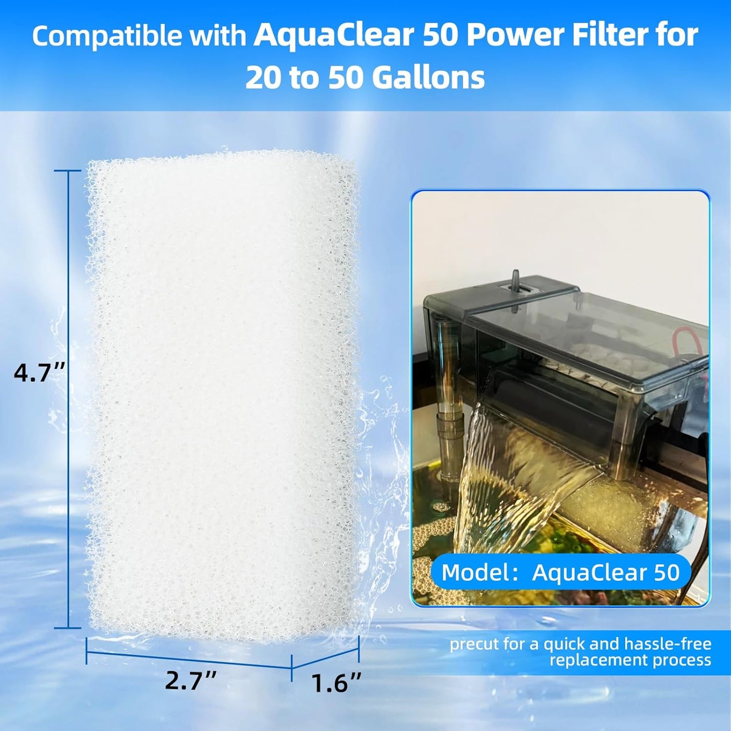 6-Pack Replacement Filter Sponge Pads, Aquarium Foam Insert Compatible with AquaClear 50, Fish Tank Filter Media