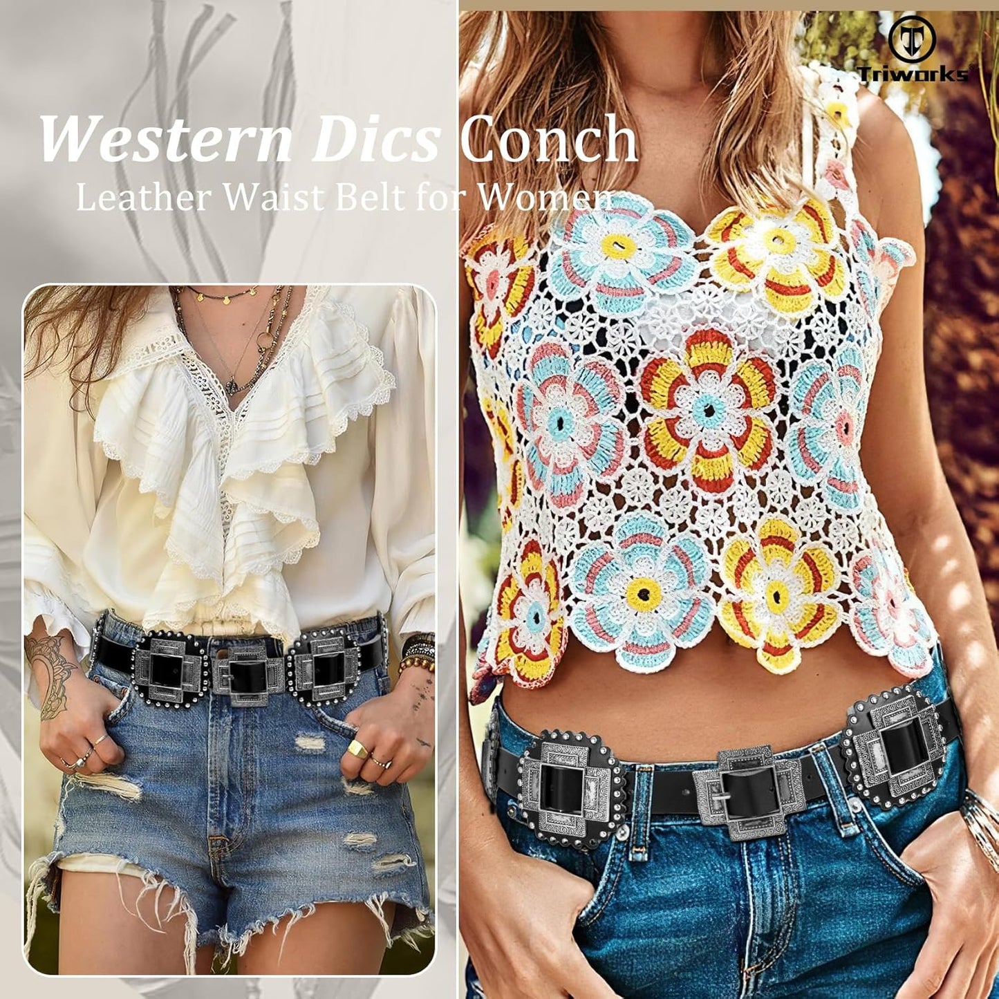 Women Western Concho Leather Belt Cowgirl Boho Belt Chunky for Dresses Concert Festival,Black,Fit Waist 23"-25"