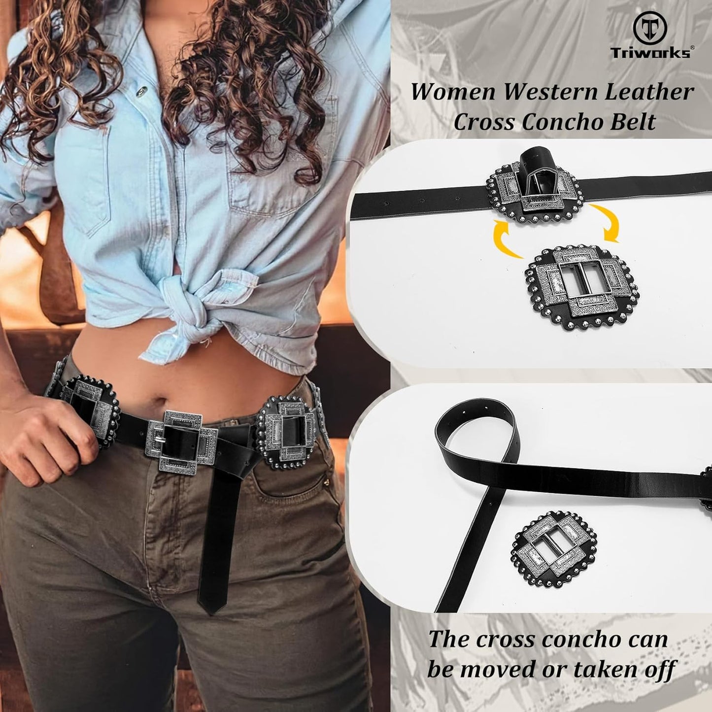 Women Western Concho Leather Belt Cowgirl Boho Belt Chunky for Dresses Concert Festival,Black,Fit Waist 23"-25"