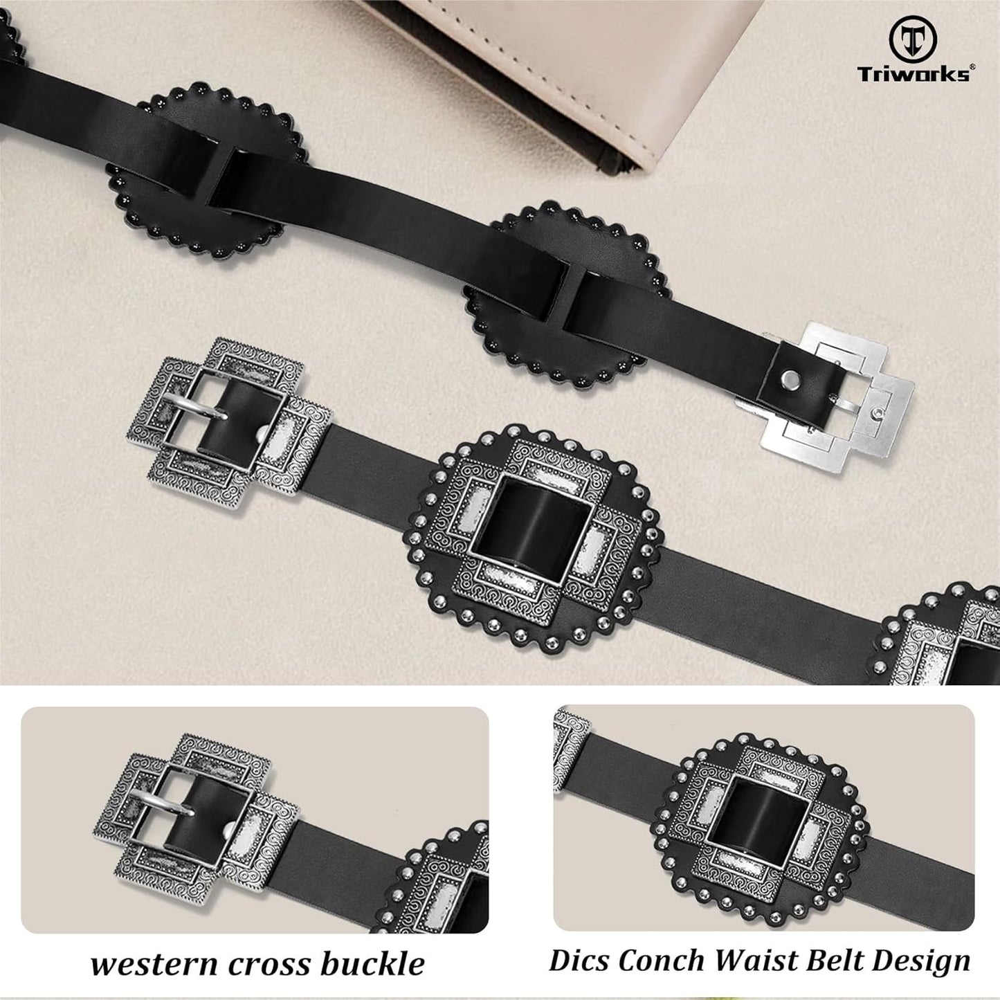 Women Western Concho Leather Belt Cowgirl Boho Belt Chunky for Dresses Concert Festival,Black,Fit Waist 23"-25"