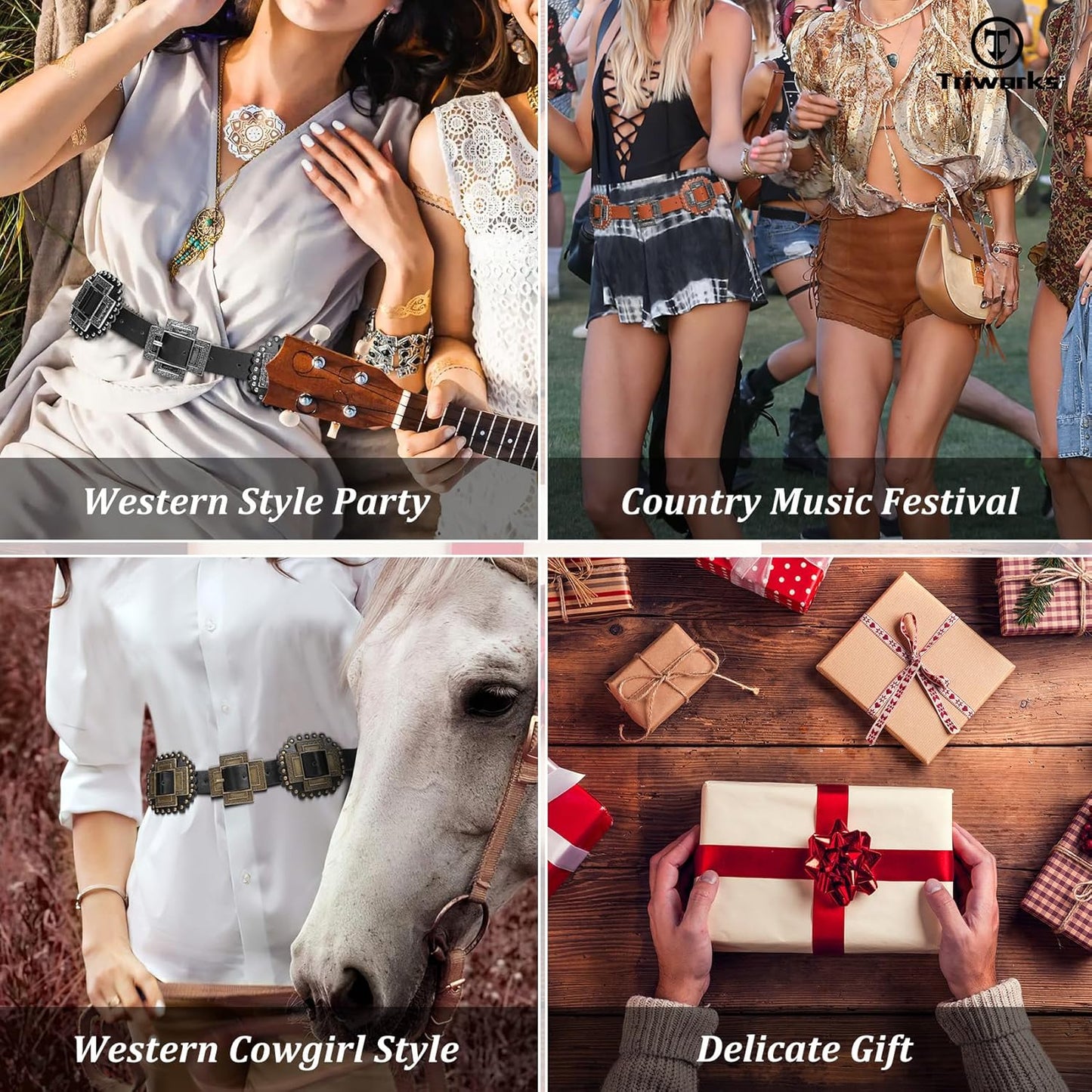 Women Western Concho Leather Belt Cowgirl Boho Belt Chunky for Dresses Concert Festival,Black,Fit Waist 23"-25"