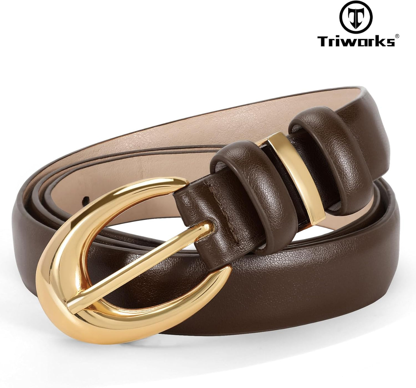 Women Leather Belt for Jeans Pants Fashion Ladies Skinny Faux Leather Dress belt with Gold Buckle, Coffee