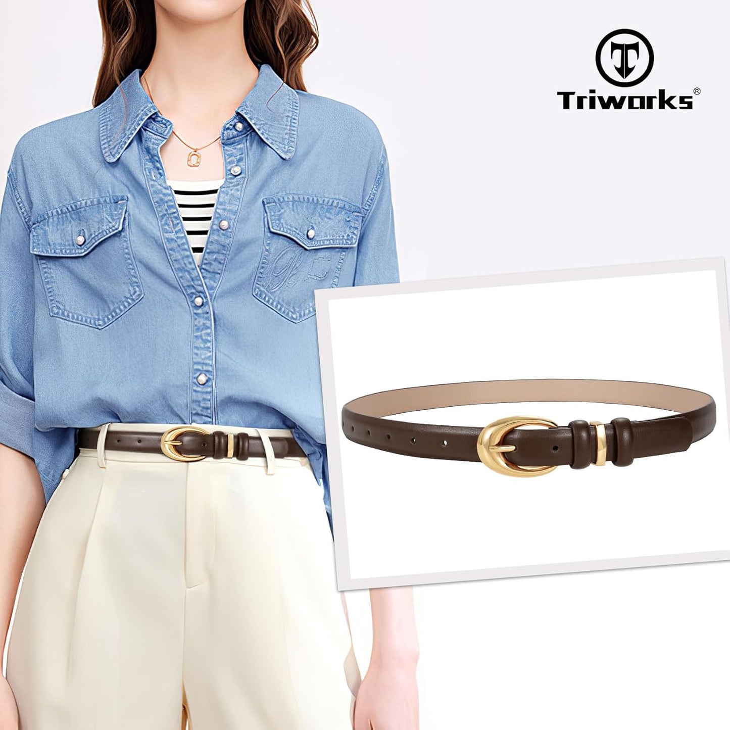 Women Leather Belt for Jeans Pants Fashion Ladies Skinny Faux Leather Dress belt with Gold Buckle, Coffee