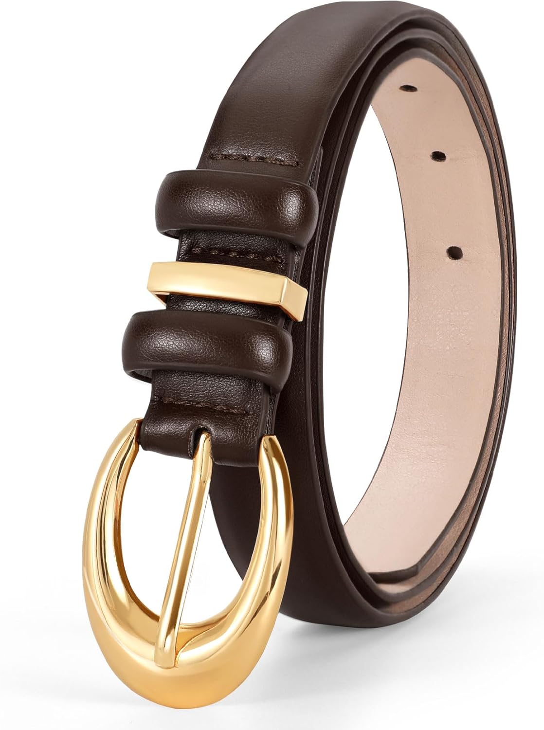 Women Leather Belt for Jeans Pants Fashion Ladies Skinny Faux Leather Dress belt with Gold Buckle, Coffee