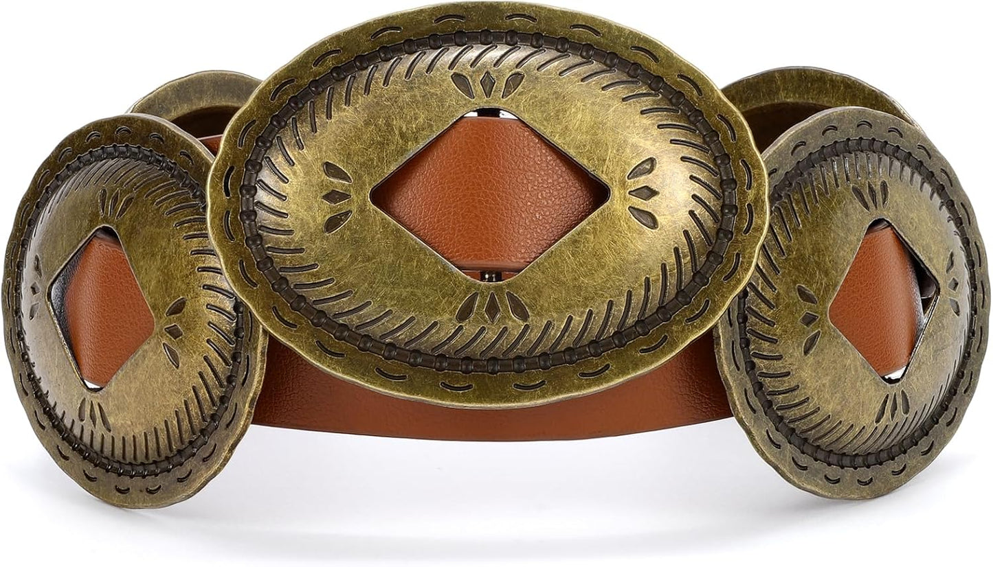 Western Belts for Woman Oval Concho Belt Cowgirl Belt Boho Disc Belt Buckle for Dress Jeans Country Concert Outfit