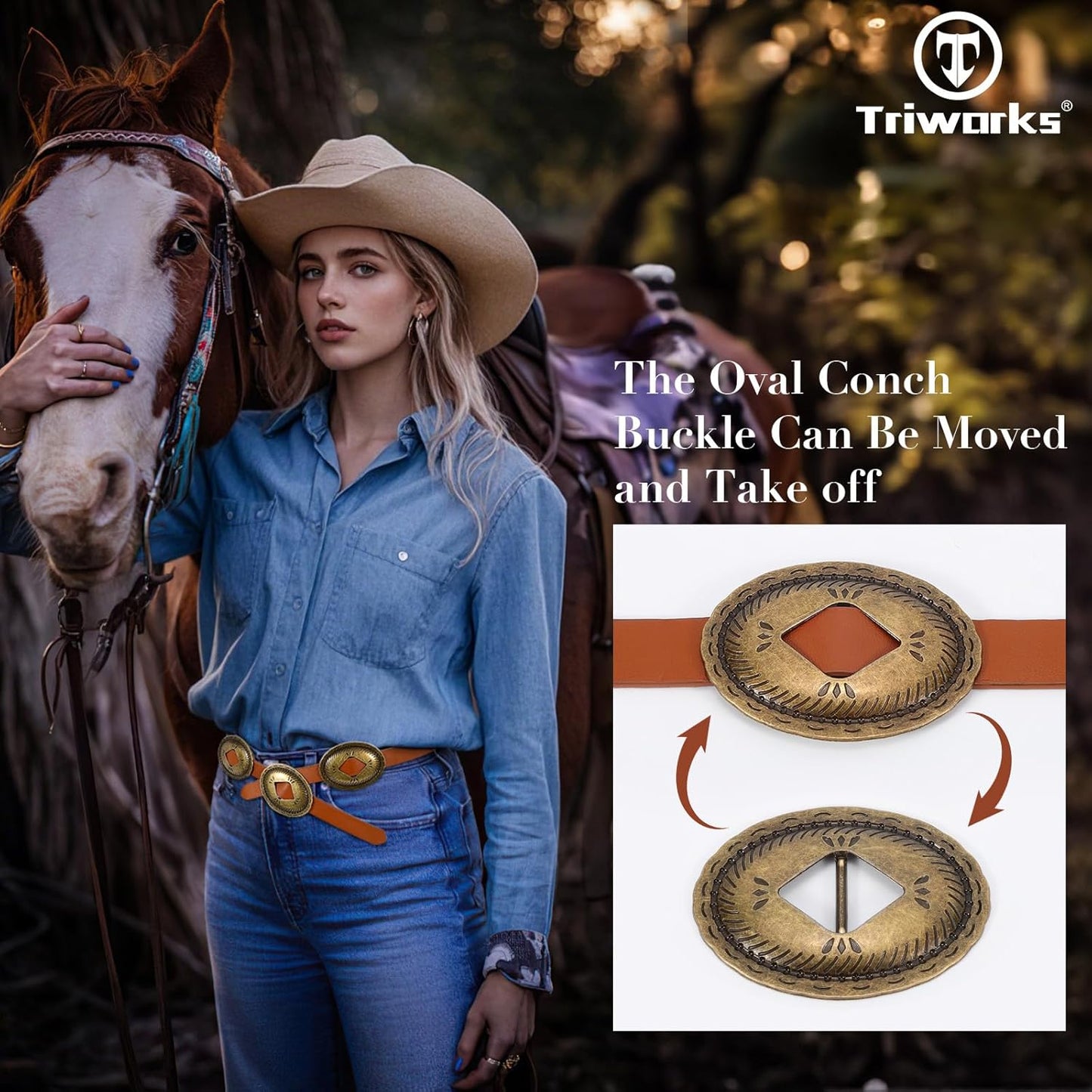Western Belts for Woman Oval Concho Belt Cowgirl Belt Boho Disc Belt Buckle for Dress Jeans Country Concert Outfit