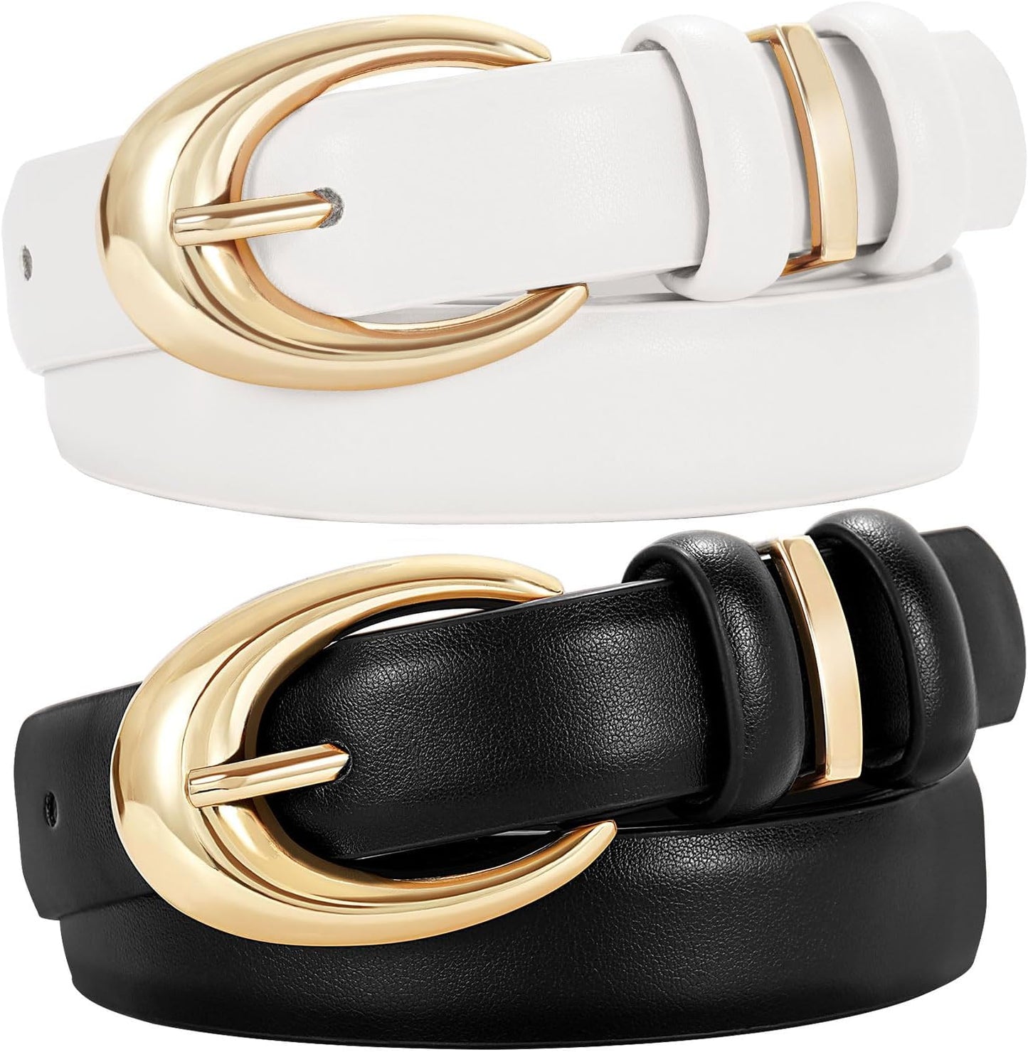 2 Pack Women Leather Belt for Jeans Pants Fashion Ladies Skinny Faux Leather Belt with Gold Buckle