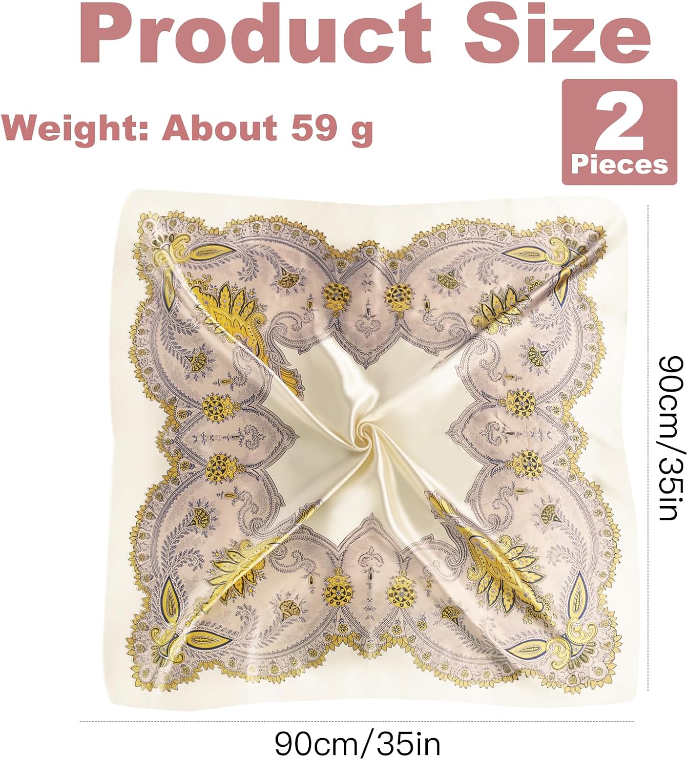 35” Large Square Head Scarf, 2PCS Satin Hair Scarves, Printed Hair Scarves, Silk Like Head Scarf for Women