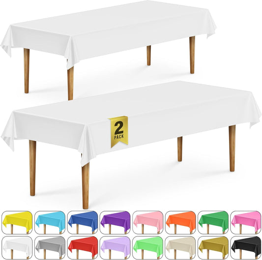 2 Rectangular Tablecloths, BPA-Free Plastic, 54 x 108 Inch, Disposable or Reusable Table Cover for Parties, Picnic & Outdoor, White (2 Pack, Individually Wrapped)