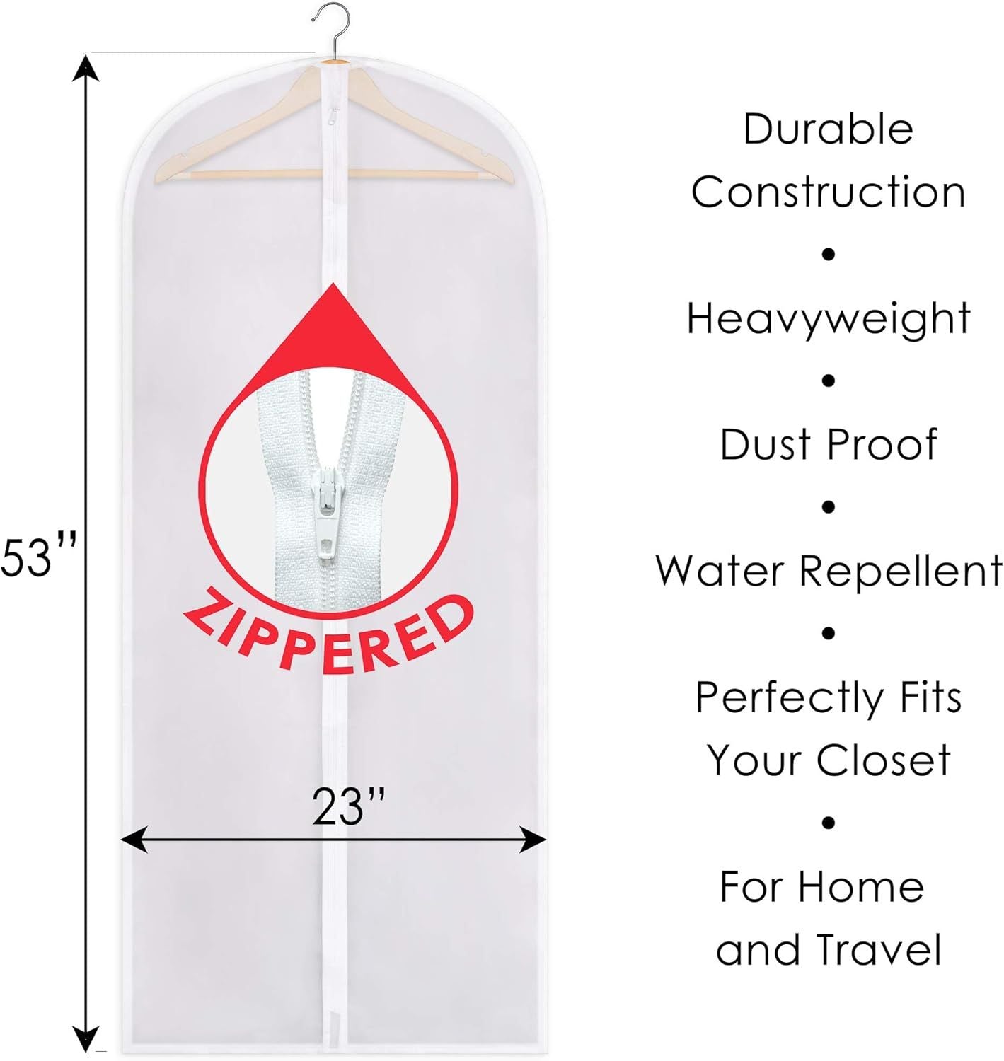 Zippered Garment Bag, Large 53 x 23 inches, Dress Bag for Gowns, Suits, Jackets, Dresses, Hanging Clothing Storage Bag, Water Repellent, Dust Proof, Clear (1 Pack)