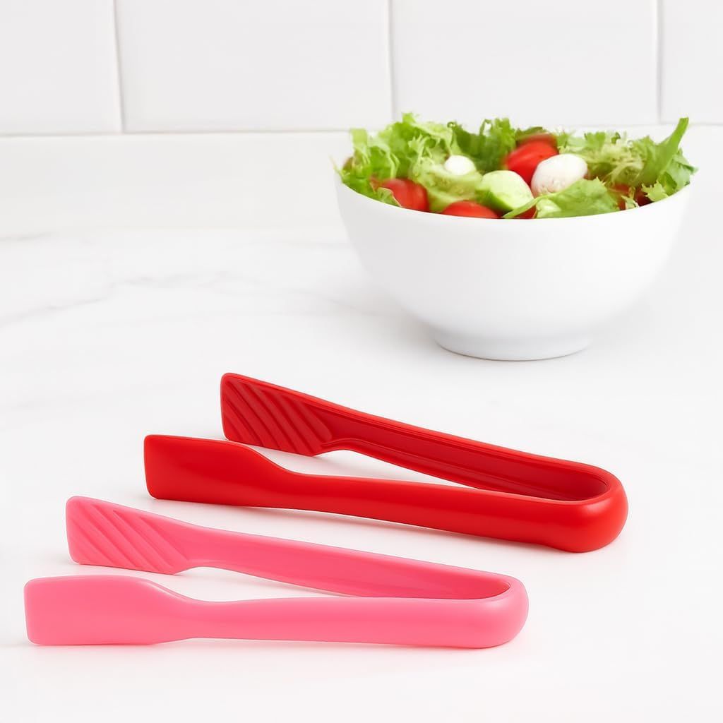 3 Pcs 6” x 8” x 10” Multi Colored Plastic Tong Set, 3 Pack Durable BPA-Free Quality Heavy Duty Perfect for BBQ, Grilling, Salad, Buffets and Kitchen (Pink, Red)