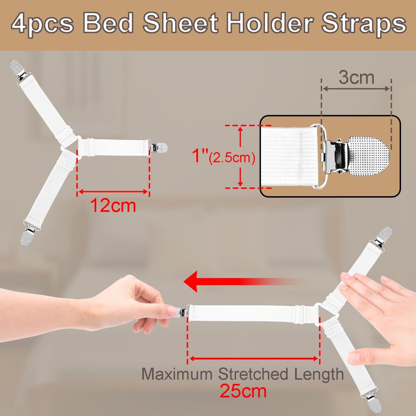 4pcs Bed Sheet Straps Holders, Adjustable Non Slip Elastic Bedsheet Grippers Triangle Mattress Suspenders, Keep in Place Fitted Bed Sheet Holders for Corners, Sofa Cushion, Mattress Cover Straps White