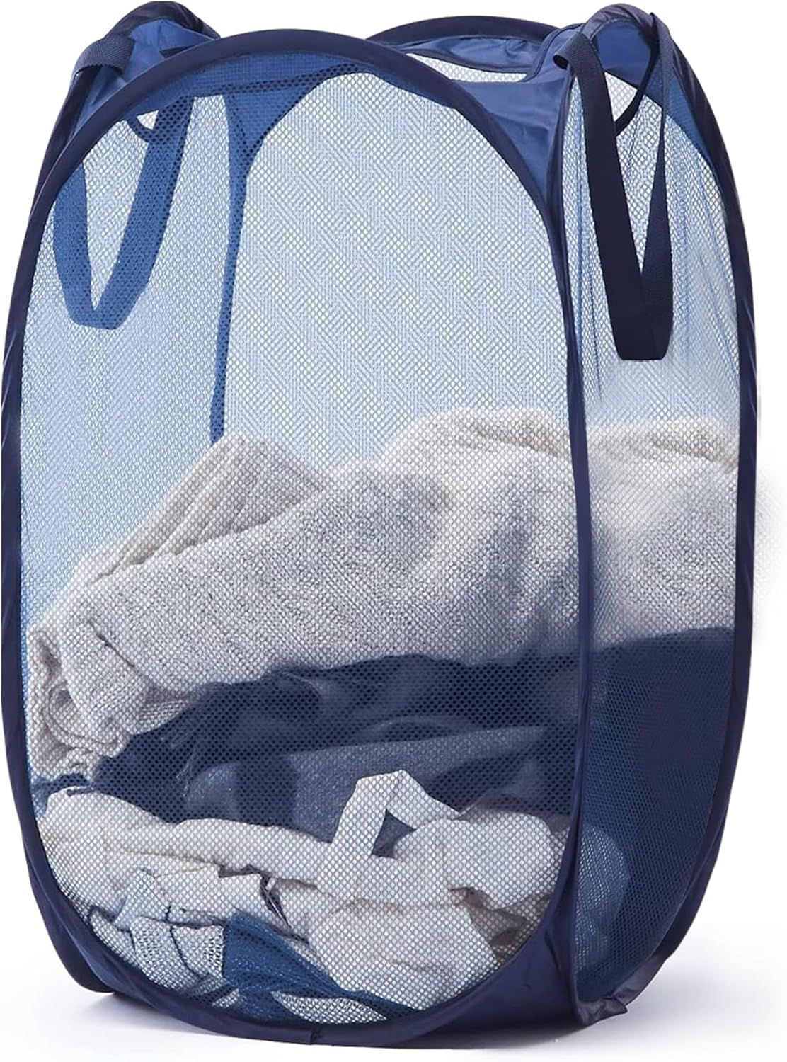1 Pack Mesh Pop Up Laundry Hamper, Lightweight Foldable Clothes Basket with Easy Carry Handles, Durable Mesh Design for Air Circulation and Simple Storage, Navy (1 Pack)
