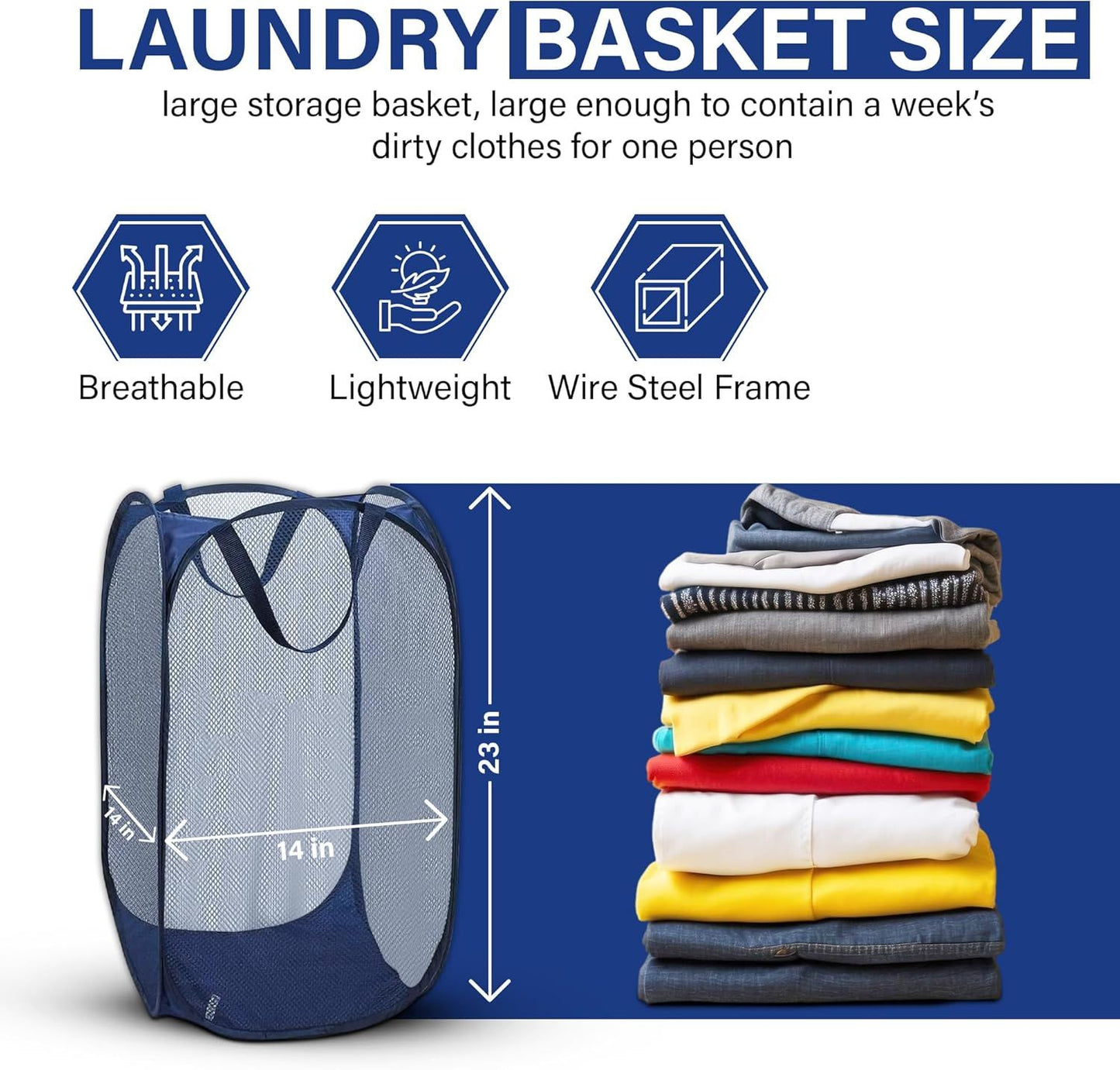 1 Pack Mesh Pop Up Laundry Hamper, Lightweight Foldable Clothes Basket with Easy Carry Handles, Durable Mesh Design for Air Circulation and Simple Storage, Navy (1 Pack)