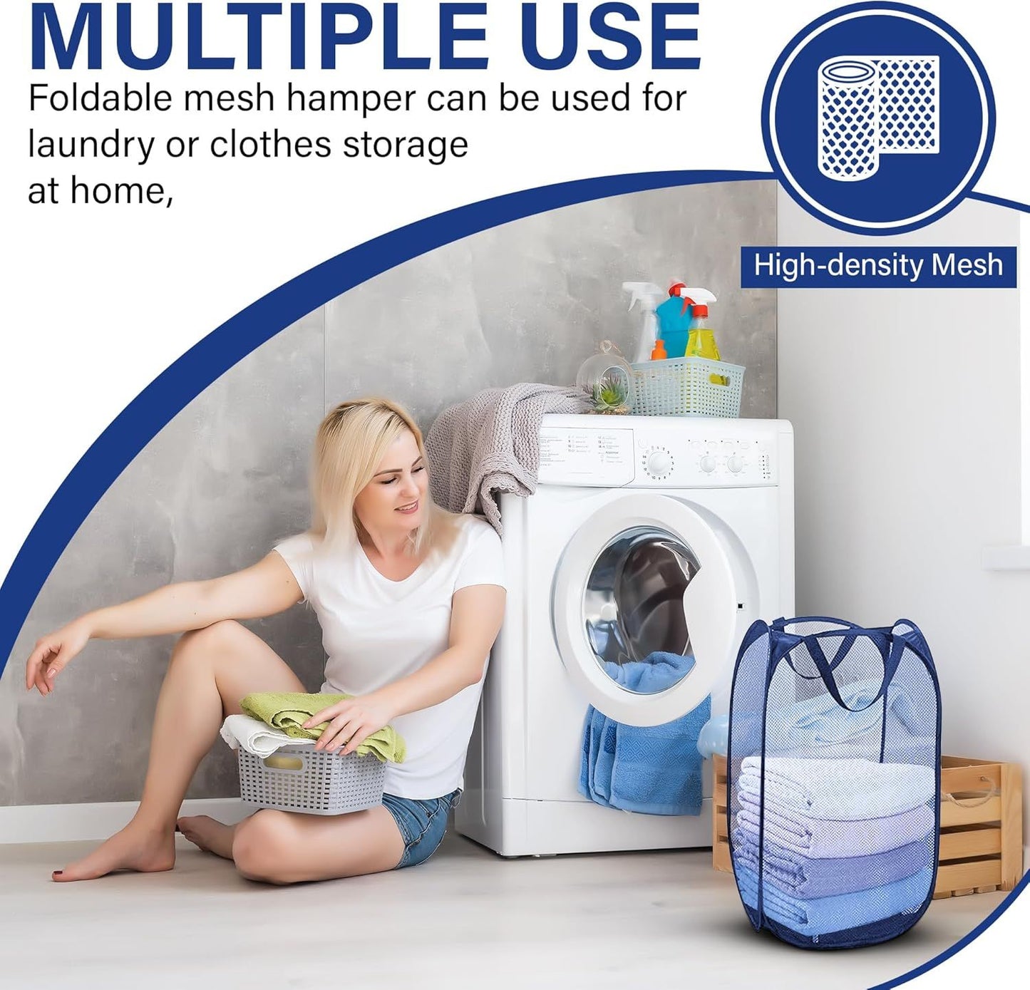 1 Pack Mesh Pop Up Laundry Hamper, Lightweight Foldable Clothes Basket with Easy Carry Handles, Durable Mesh Design for Air Circulation and Simple Storage, Navy (1 Pack)
