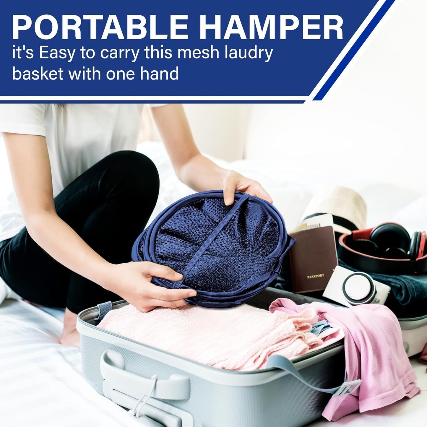 1 Pack Mesh Pop Up Laundry Hamper, Lightweight Foldable Clothes Basket with Easy Carry Handles, Durable Mesh Design for Air Circulation and Simple Storage, Navy (1 Pack)