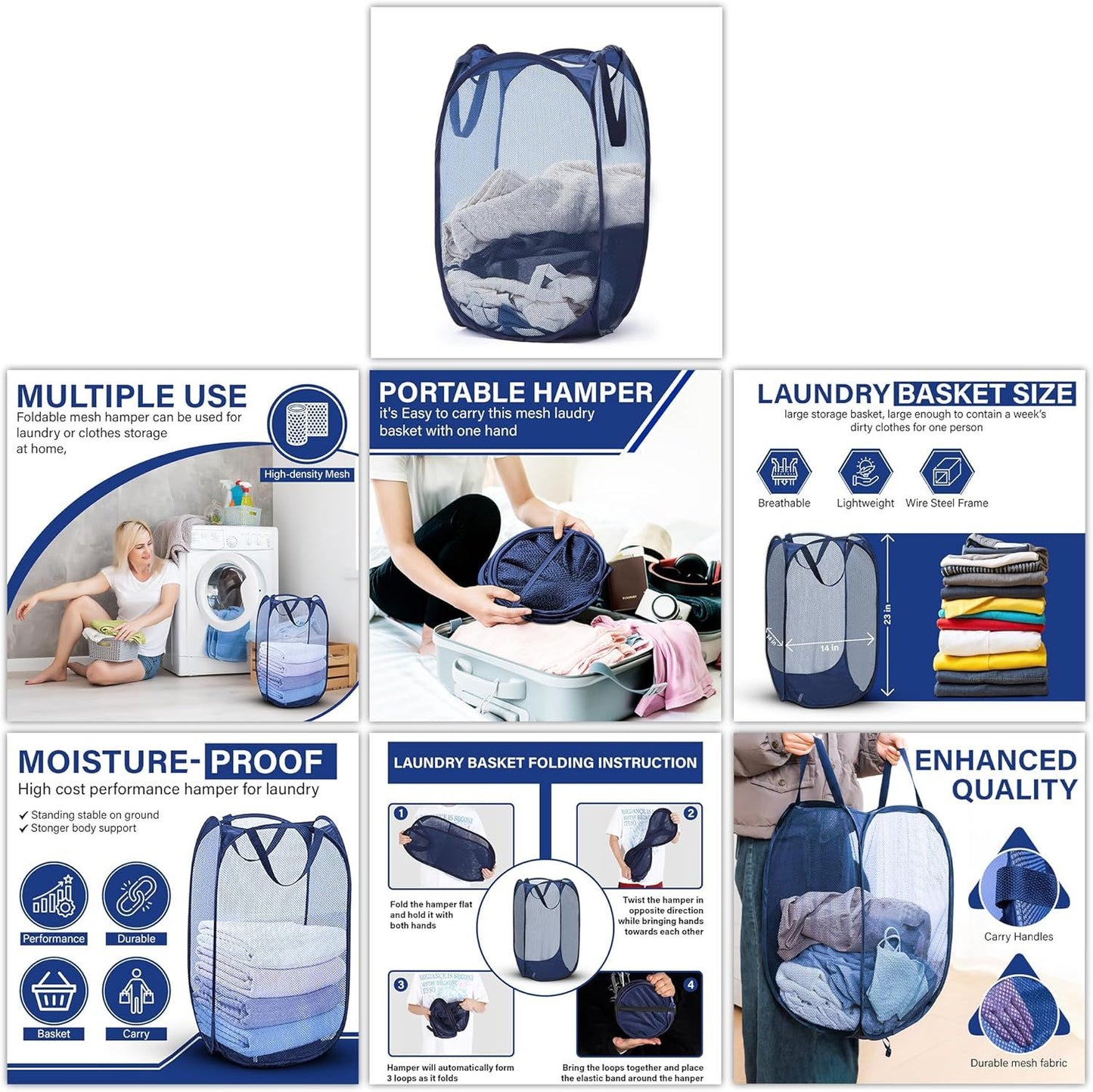1 Pack Mesh Pop Up Laundry Hamper, Lightweight Foldable Clothes Basket with Easy Carry Handles, Durable Mesh Design for Air Circulation and Simple Storage, Navy (1 Pack)