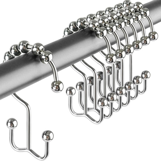 12 Pack Shower Curtain Hooks, Heavy Duty Coated Stainless Steel, Rustproof and Corrosion Resistant, Smooth Glide Double Hooks for Standard Shower Rods, Chrome (12 Pack)