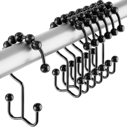 12 Pack Shower Curtain Hooks, Heavy Duty Coated Stainless Steel, Rustproof and Corrosion Resistant, Smooth Glide Double Hooks for Standard Shower Rods, Black (12 Pack)