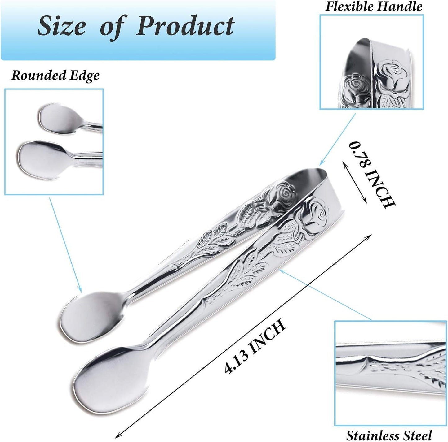 3PCS Mini Serving Tongs, 4Inch Rose Stainless Steel Sugar Cube Tongs, Sliver Small Ice Tong for Tea and Coffee Party, Appetizers, Desserts by  (Silver)