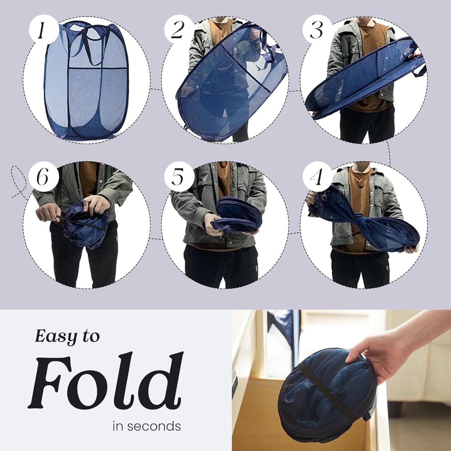 Collapsible Pop Up Laundry Basket, Hamper with Sturdy Handles and Side Pocket - Mesh Portable Foldable Dirty Clothes Hamper for Dorm, Laundry room, Bathroom and Travel Storage, Navy Blue