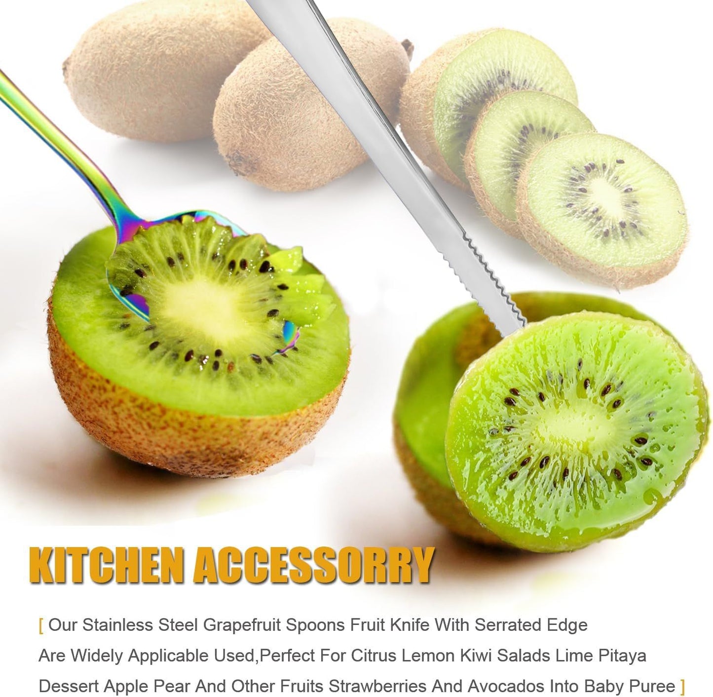 Serrated Edge Grapefruit Spoons Stainless Steel Grapefruit Utensil Tool Dessert Fruit Spoons for Citrus Lemon Kiwi Salads Melon Lime Pitaya Apple Fruit Puree (Silver)