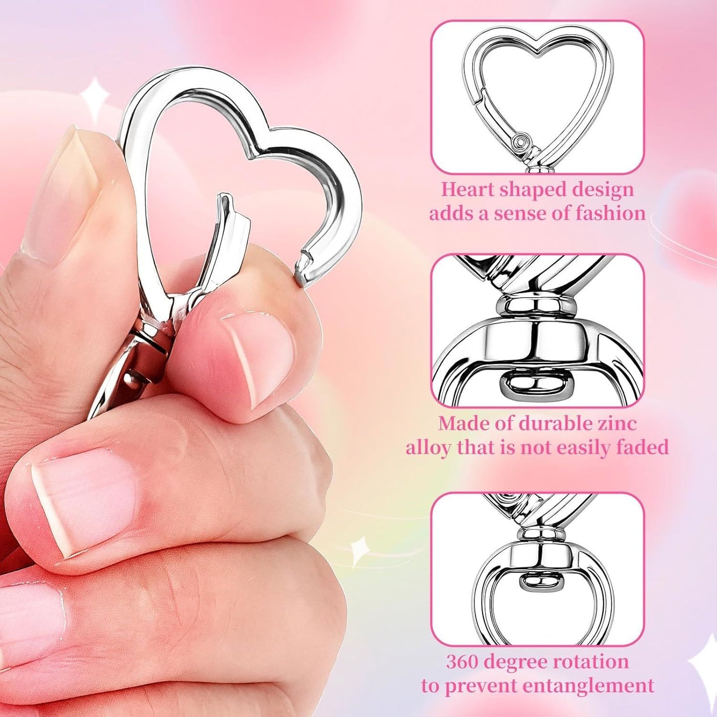 Heart Keychain Clips 20PCS Silver, DIY Creative Key Ring Metal Heart Shape Keychain, Zinc Alloy Hearting Key Chain Snap Hook Carabiner Clip for Wristlets, Heart Shaped Spring Buckles Jewelry Kit