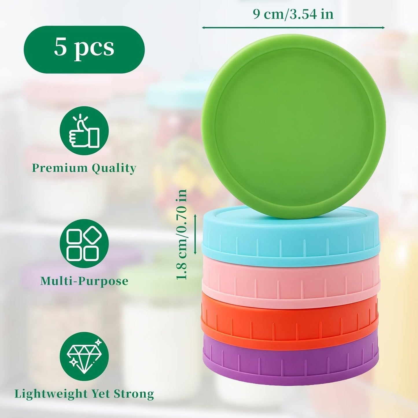 5 Pcs Wide Mouth Mason Jar Lids, 86mm Plastic Storage Caps for Wide Mouth Jars Covers - Reusable Storage Caps/Jar Lids for Mason Glass Jars - Leak-Proof Sealing Covers/Dishwasher Safe