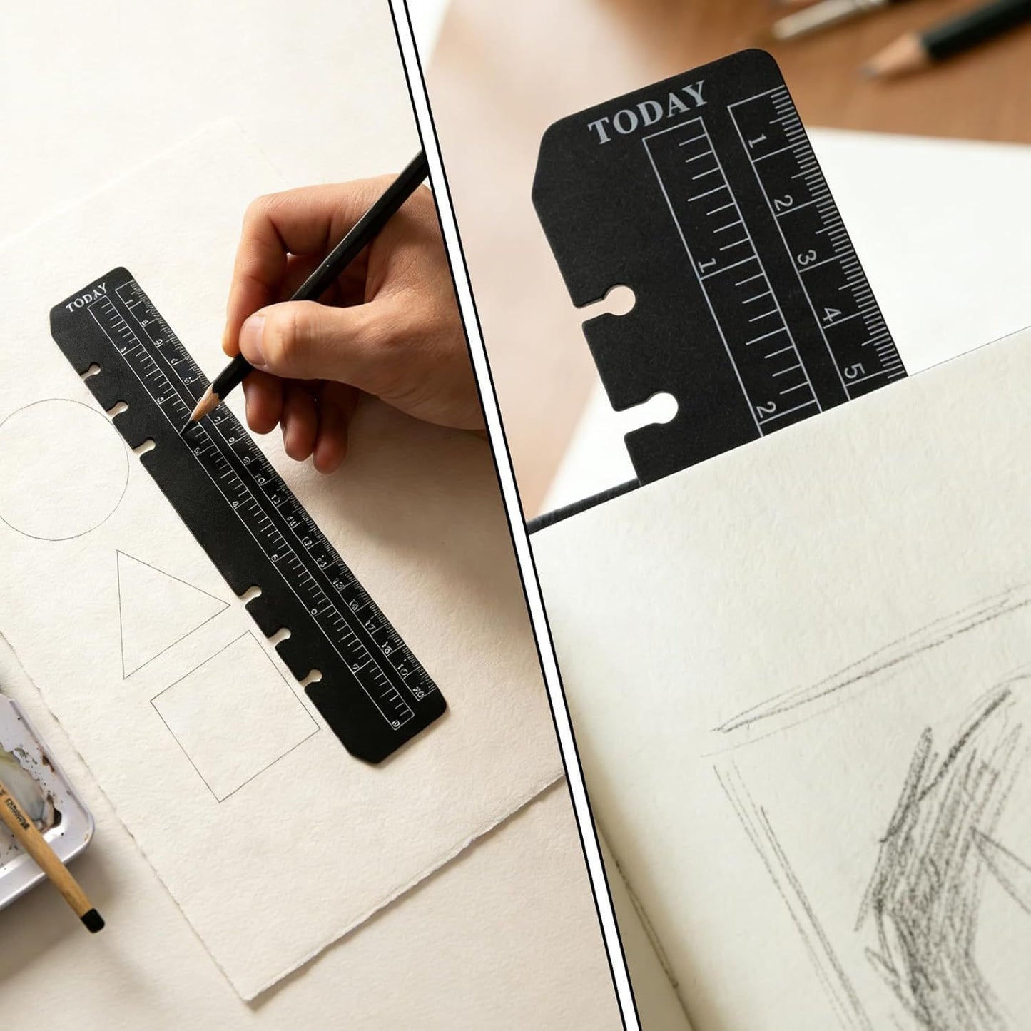 5PCS Planner Ruler for A5 A6 A7 Binder, 6-Ring Page Marker for Spiral Notebook, Snap-in Plastic Bookmark Rulers, 6-Hole Ruler Inser Planner Bookmark for A5 A6 A7 (Black/Clear)