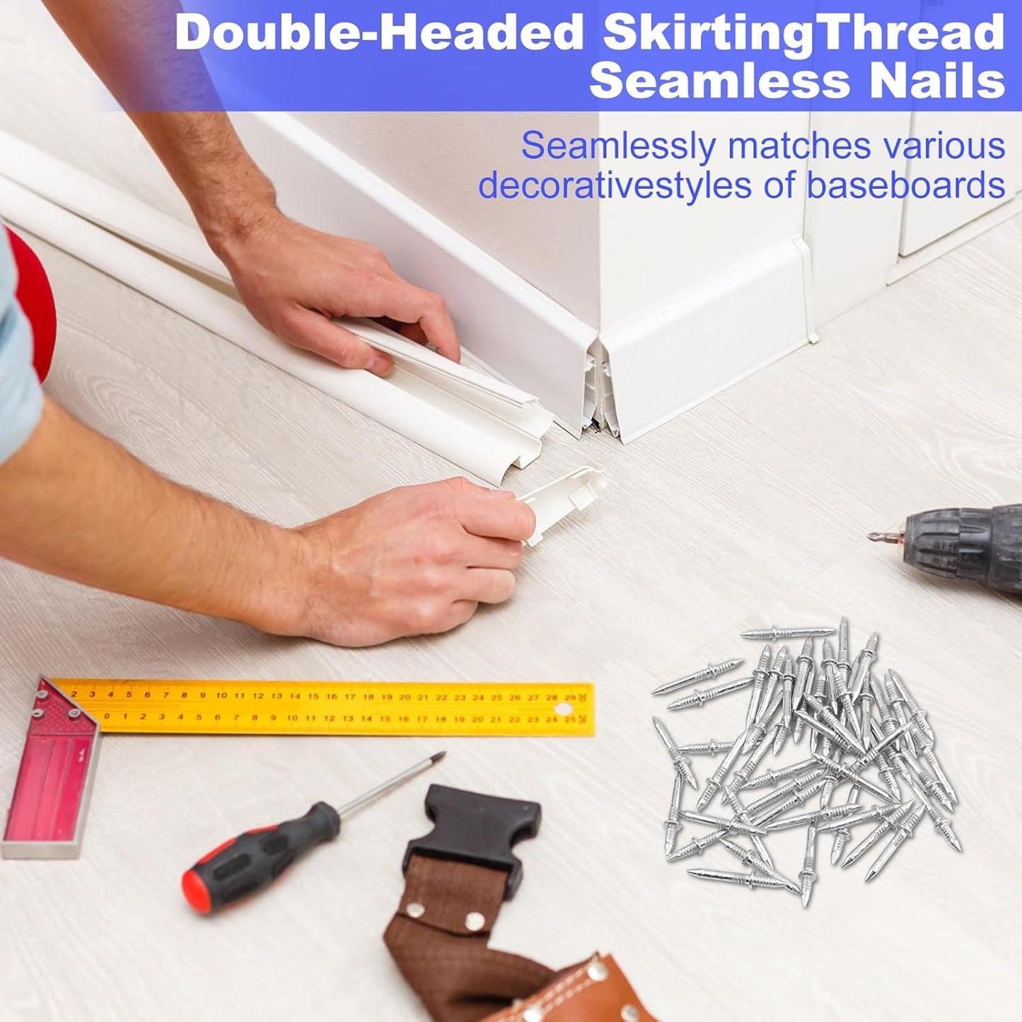 Double Headed Skirting Nails, 50PCS Invisible Seamless Baseboard Screws, Solid Wood Baseboard Double-Headed Nails, Double Sided Nails for Wood, Skirting Line Without Marks Nail for Solid Wood Trim