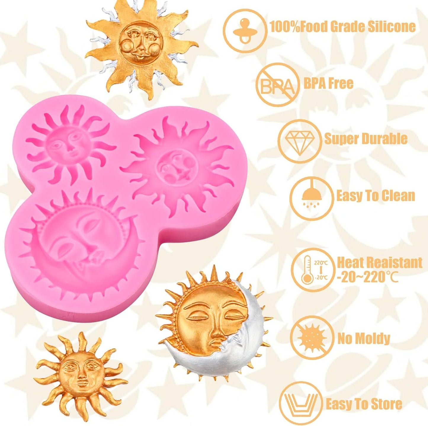 Sun Moon Face Fondant Mold, Silicone Chocolate Candy Mold for DIY Baking Sugar Craft Gum Resin Clay Cake Decorating, Pink