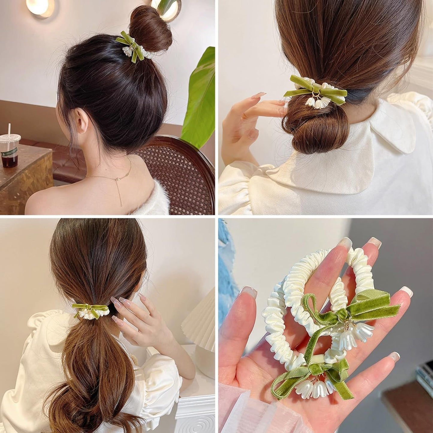 Elegant Lily of the Valley Floral Hair Ties - 2 Pack Flower Hair Bands - Elastic Ponytail Holders Hair Tie No Damage Hair Accessories for Woman Girls Kids Gifts