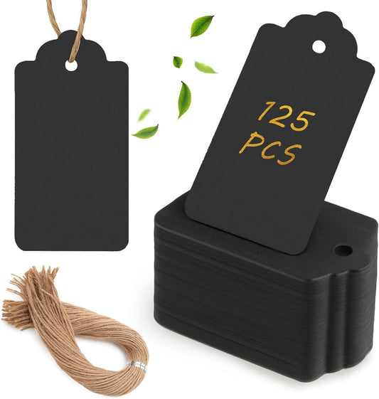 125pcs Gift Tags with String Attached, 1.5 x 2.8 inch Black Gift Tags Paper Black Labels for Clothes DIY Crafts Wedding Holiday