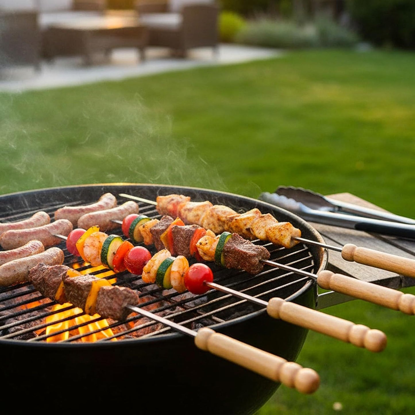 12 PCS Skewers for Grilling, Kabob Skewers with Wood Handle, Reusable BBQ Barbecue Sticks for Marshmallow, Hot Dog, Meat, Vegetable, Camping Cookware Grill Cooking, 11.7" (Including Handle)