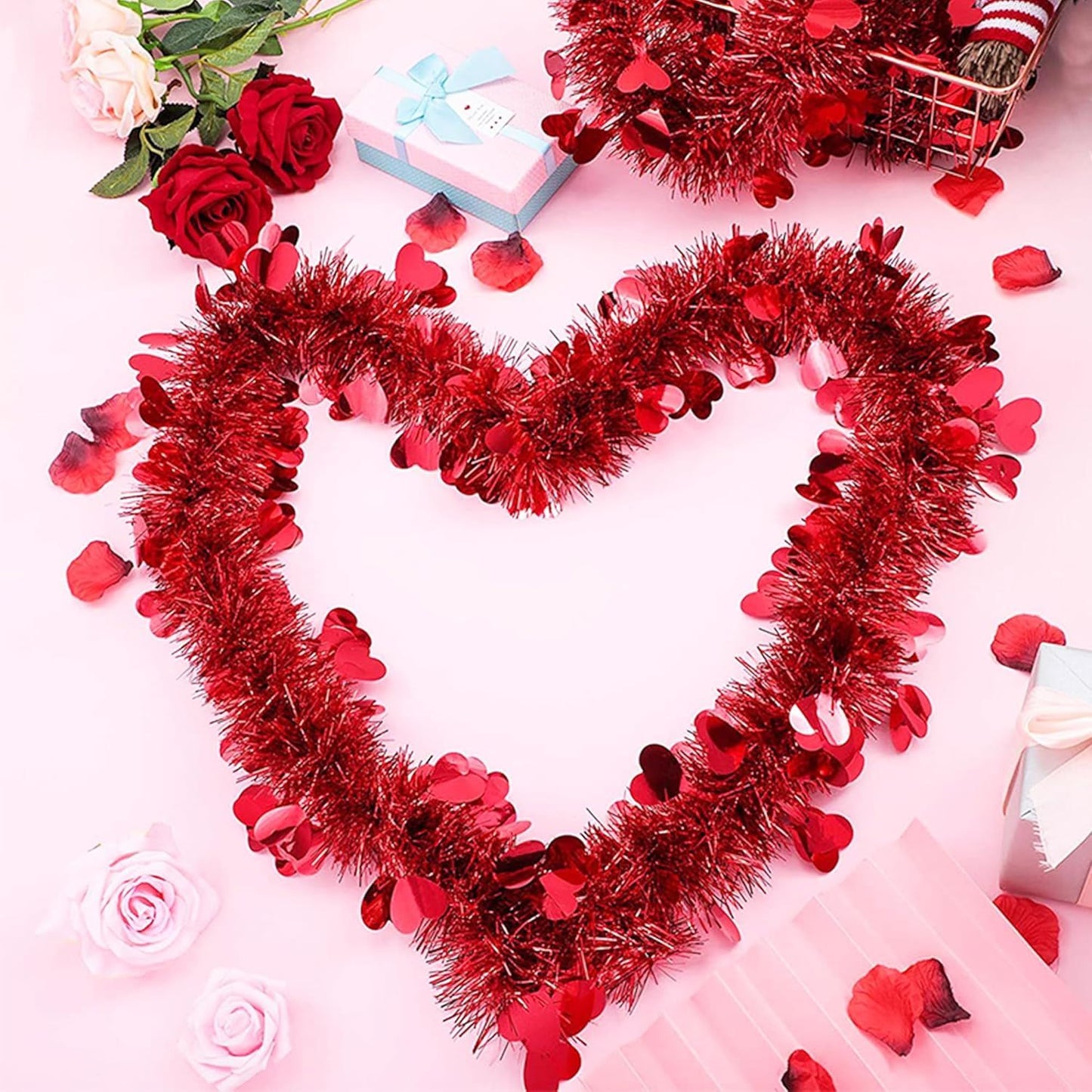 5Pcs 33Ft Valentine's Day Tinsel Garland, Red Heart Metallic Tinsel Twist Garland Shinny Hanging Heart Garlands for Tree Mantle Home Office Decor Wedding Anniversary Party Indoor Outdoor Decorations