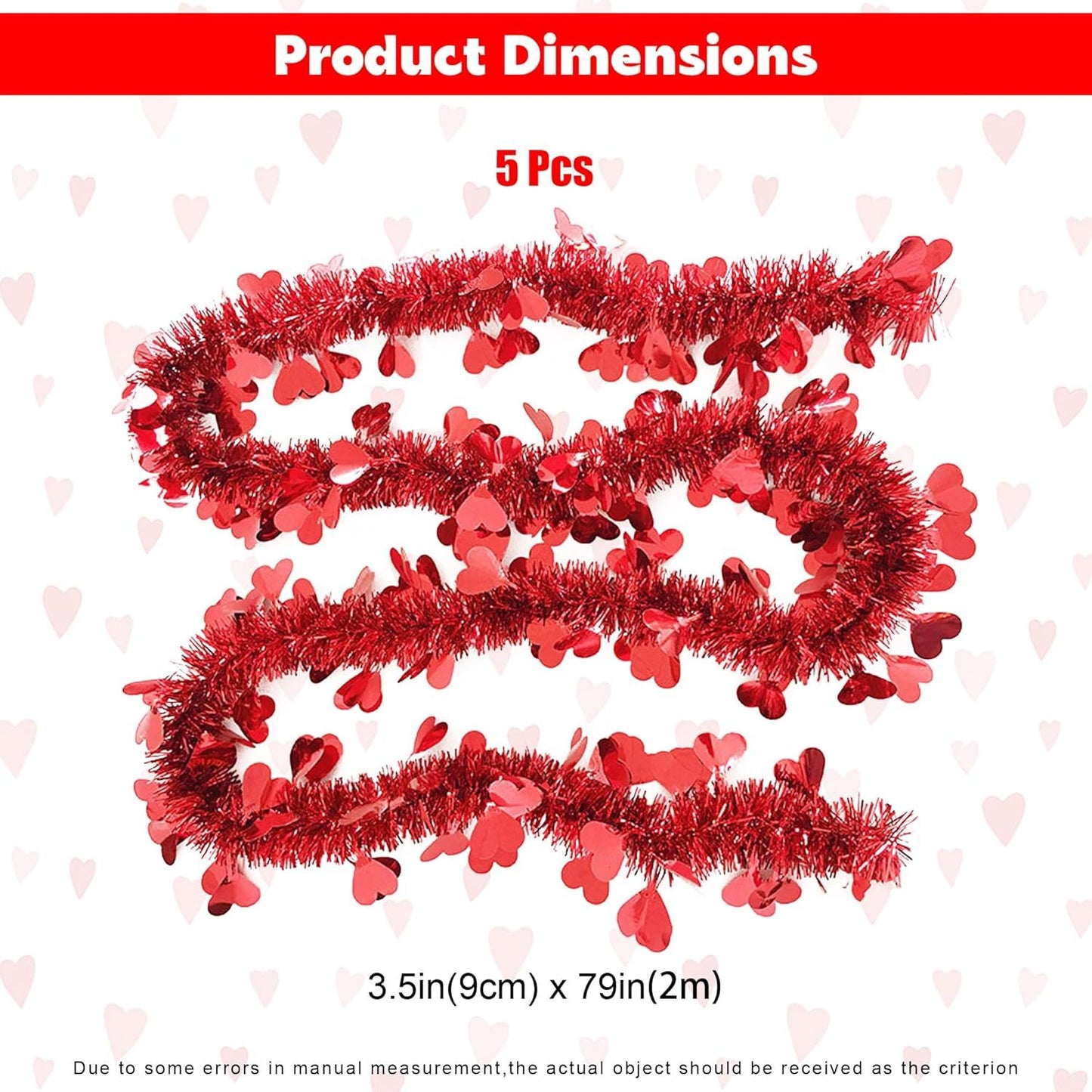5Pcs 33Ft Valentine's Day Tinsel Garland, Red Heart Metallic Tinsel Twist Garland Shinny Hanging Heart Garlands for Tree Mantle Home Office Decor Wedding Anniversary Party Indoor Outdoor Decorations