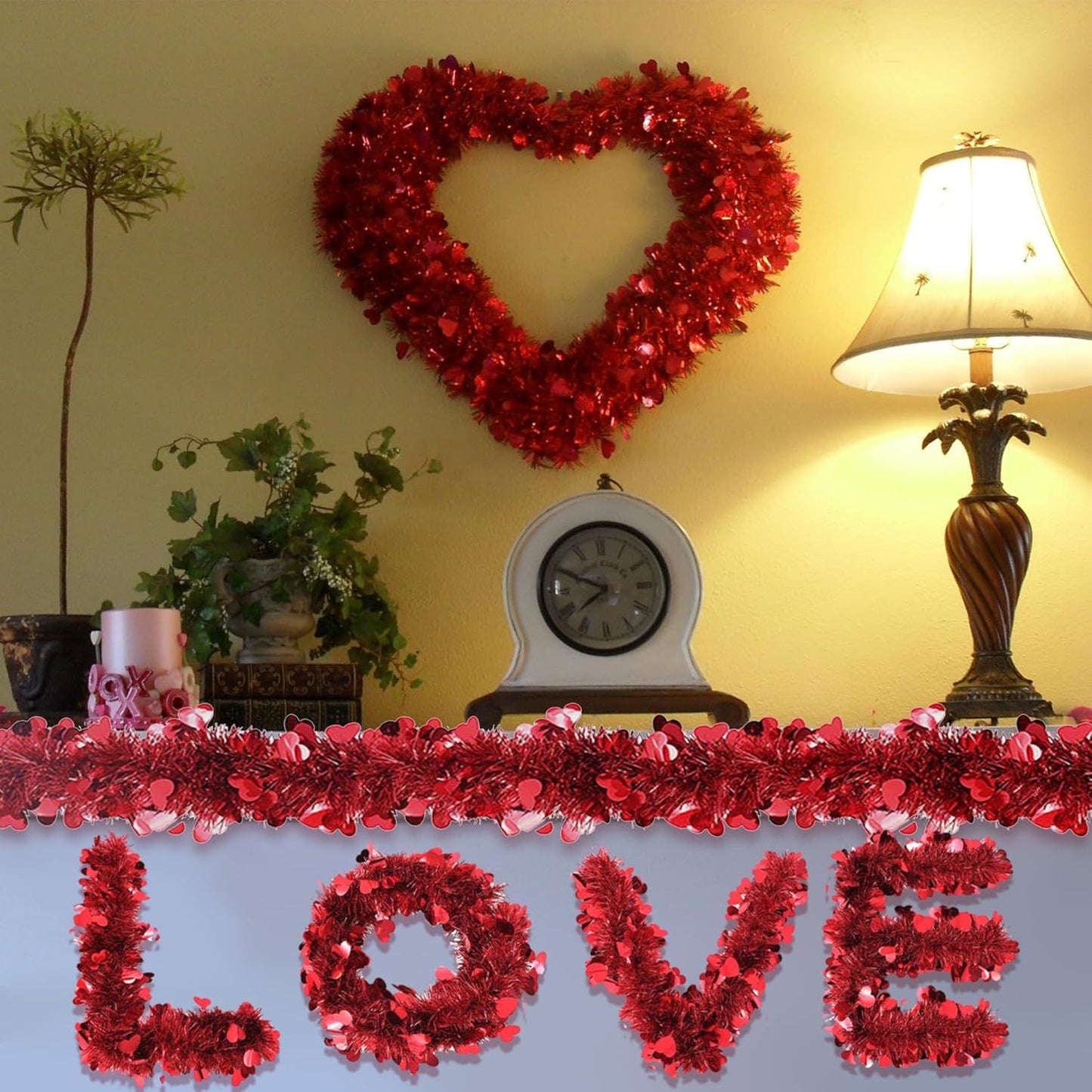 5Pcs 33Ft Valentine's Day Tinsel Garland, Red Heart Metallic Tinsel Twist Garland Shinny Hanging Heart Garlands for Tree Mantle Home Office Decor Wedding Anniversary Party Indoor Outdoor Decorations