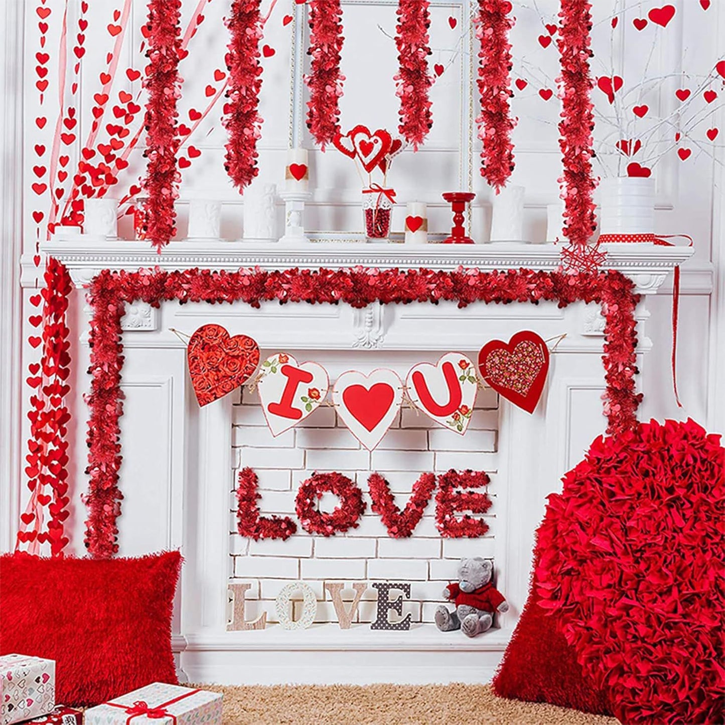 5Pcs 33Ft Valentine's Day Tinsel Garland, Red Heart Metallic Tinsel Twist Garland Shinny Hanging Heart Garlands for Tree Mantle Home Office Decor Wedding Anniversary Party Indoor Outdoor Decorations