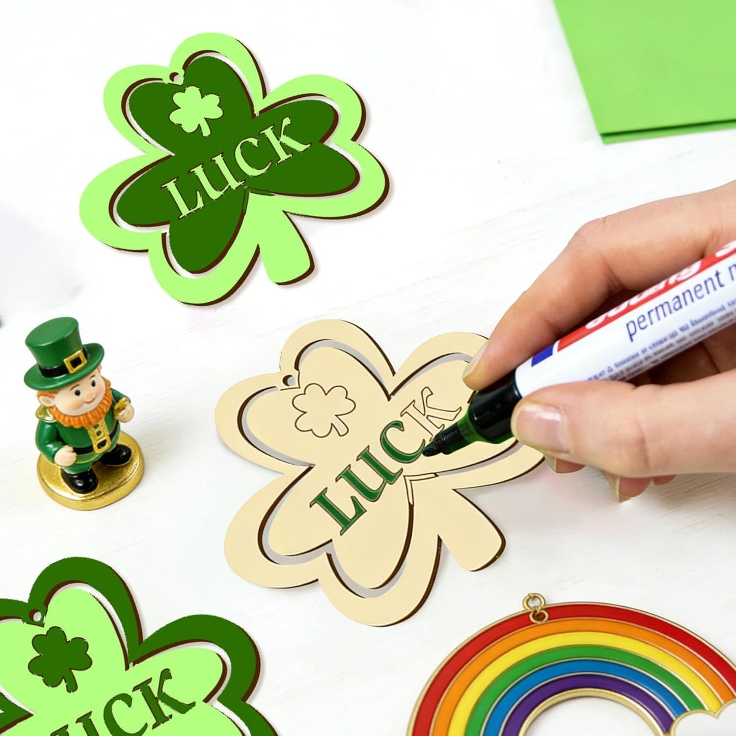 20Pcs Wooden Shamrock Ornaments to Paint, 3.2 Inch St. Patrick's Day Unfinished Wood Shamrock Cutouts, DIY Blank Luck Clover Shape Hanging Ornaments Ropes with for Crafts Tree Home Decor