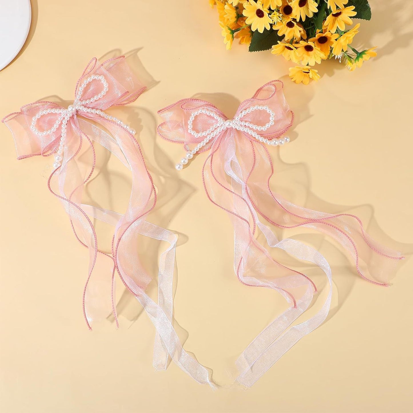 2PCS Pink Bow Curtain Tiebacks, Lace Ribbon Curtains Tie Backs for Room Decor Home Bedroom Living Women Girls Window Wedding Party Decor Accessories