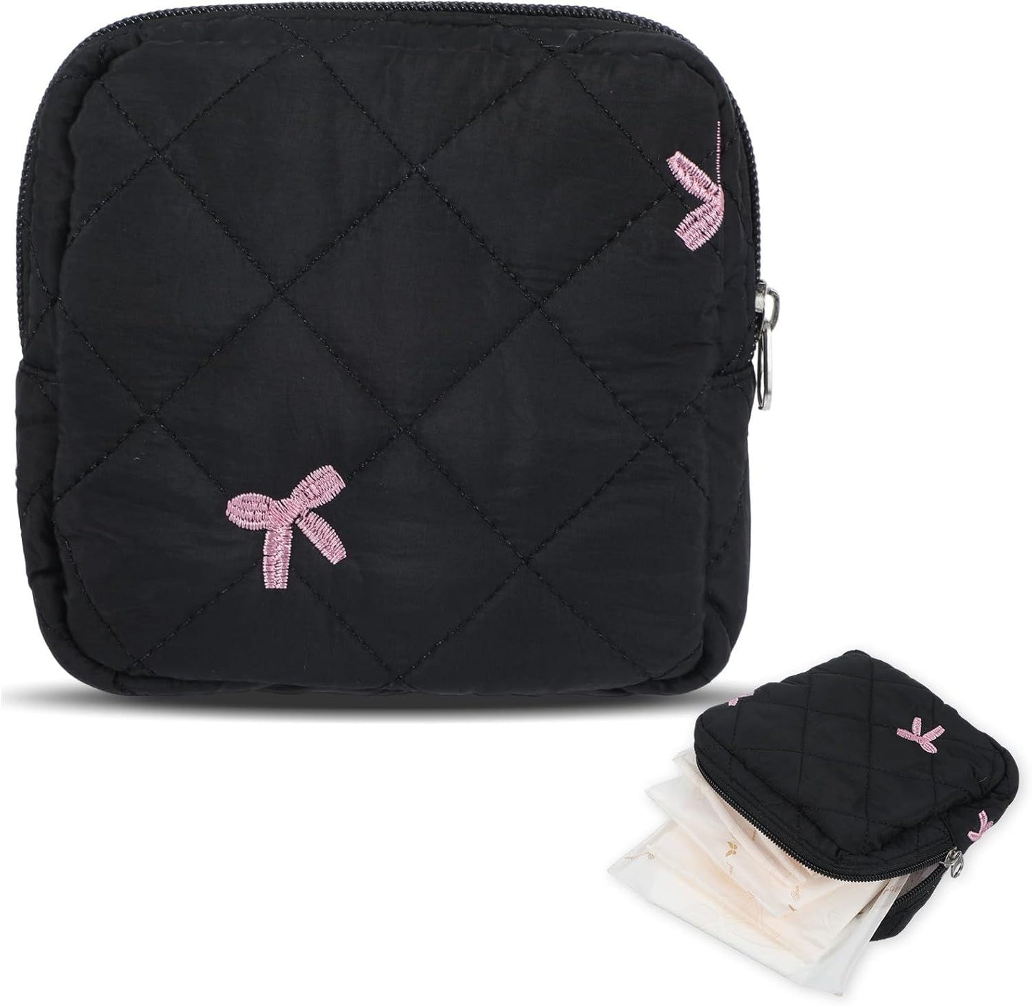 Portable Period Bags for Girls, Cute Bow Period Pouch for Pads Sanitary Napkins Small Tampons, Sanitary Napkin Storage Bag First Gifts for Girls (Black)